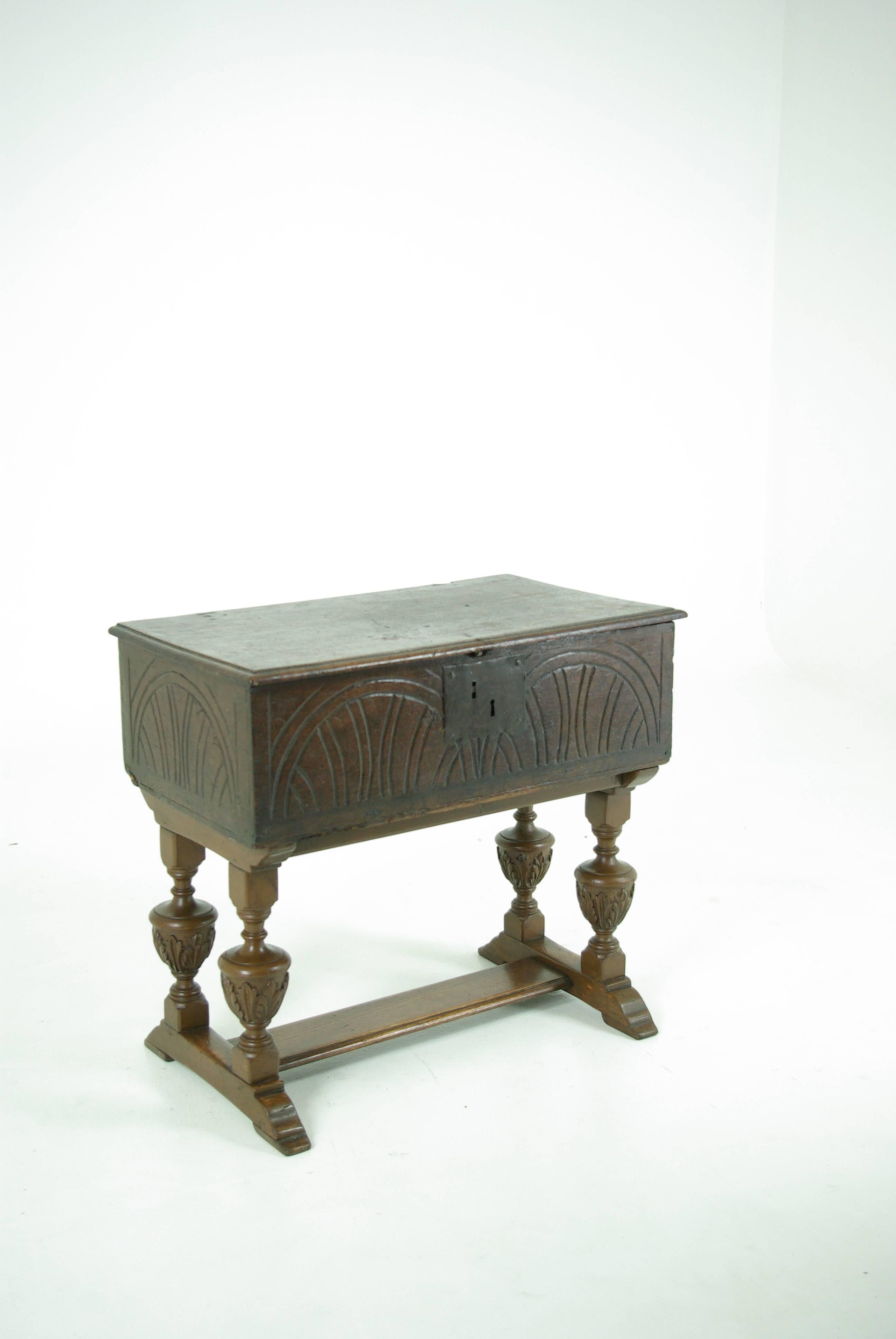 English B386 18th Century Oak Bible Box with Hinged Top, Lunette Sides on Later Stand