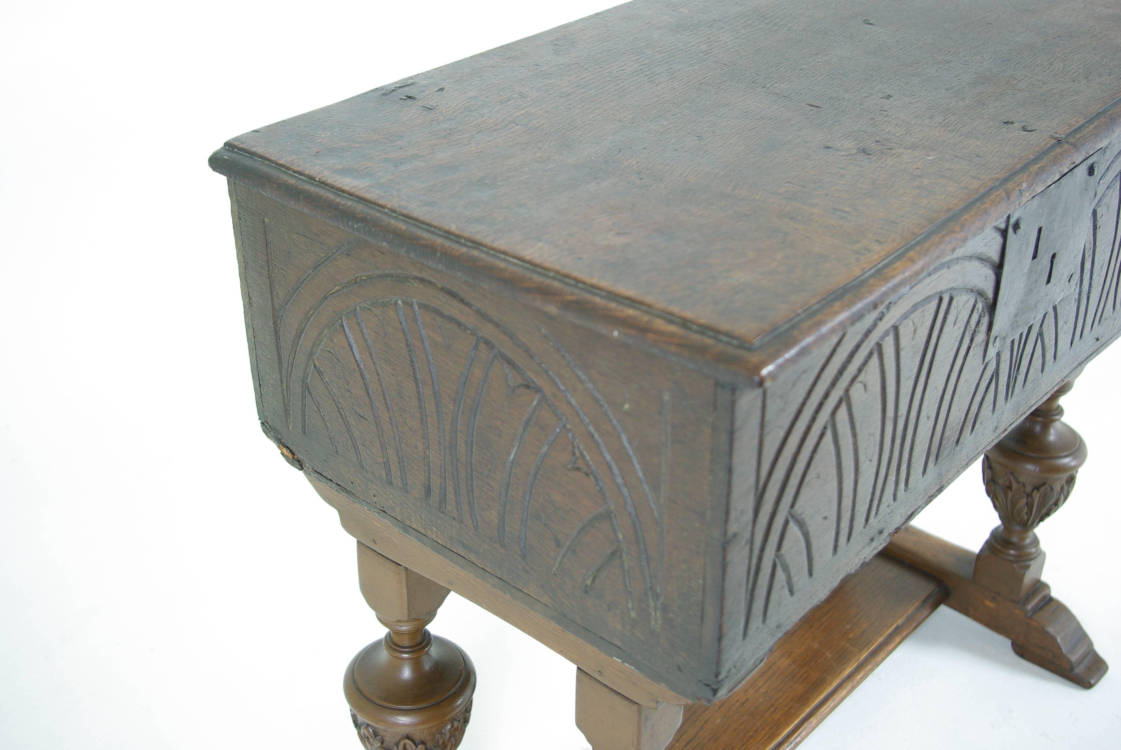 18th Century and Earlier B386 18th Century Oak Bible Box with Hinged Top, Lunette Sides on Later Stand