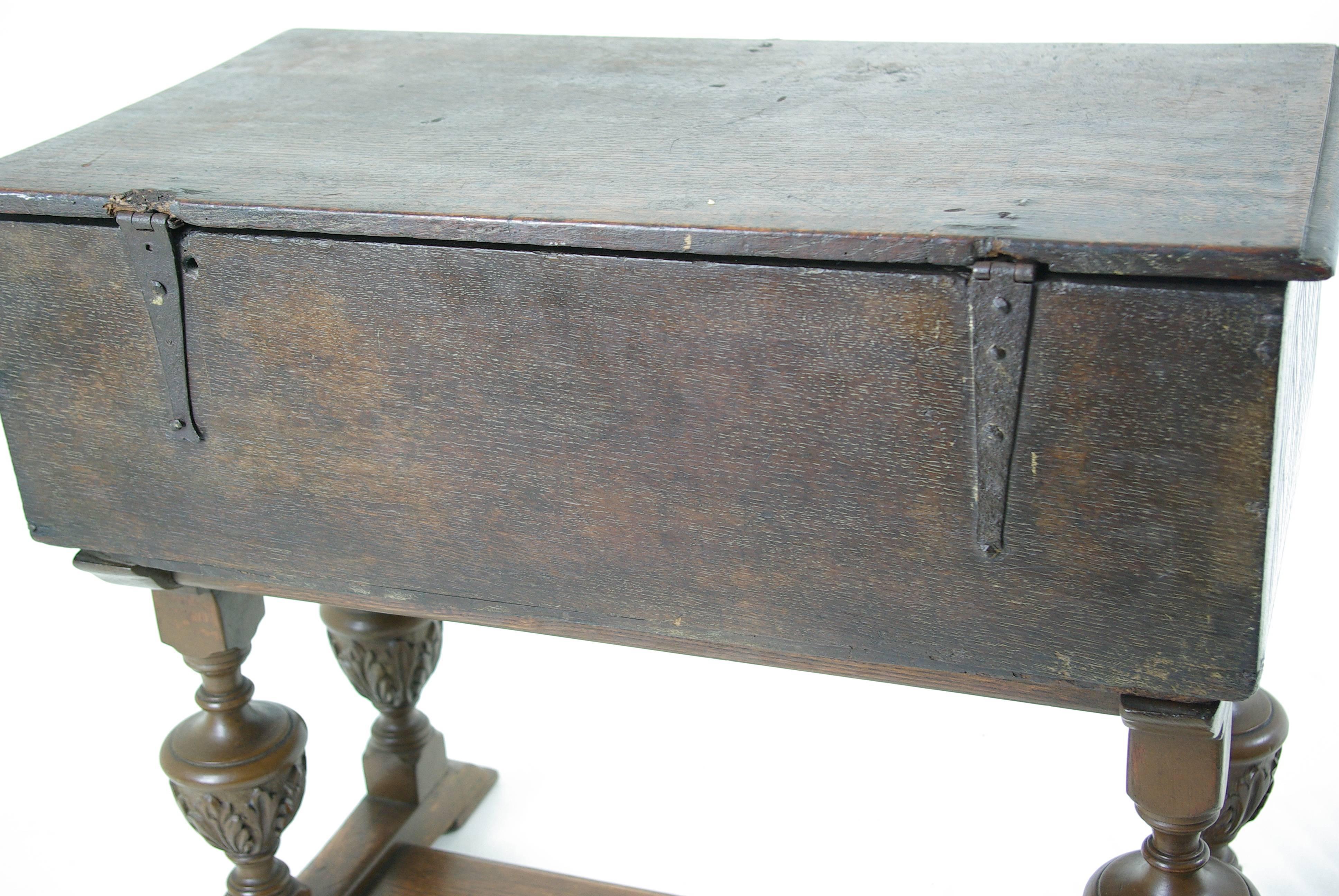 B386 18th Century Oak Bible Box with Hinged Top, Lunette Sides on Later Stand In Good Condition In Vancouver, BC