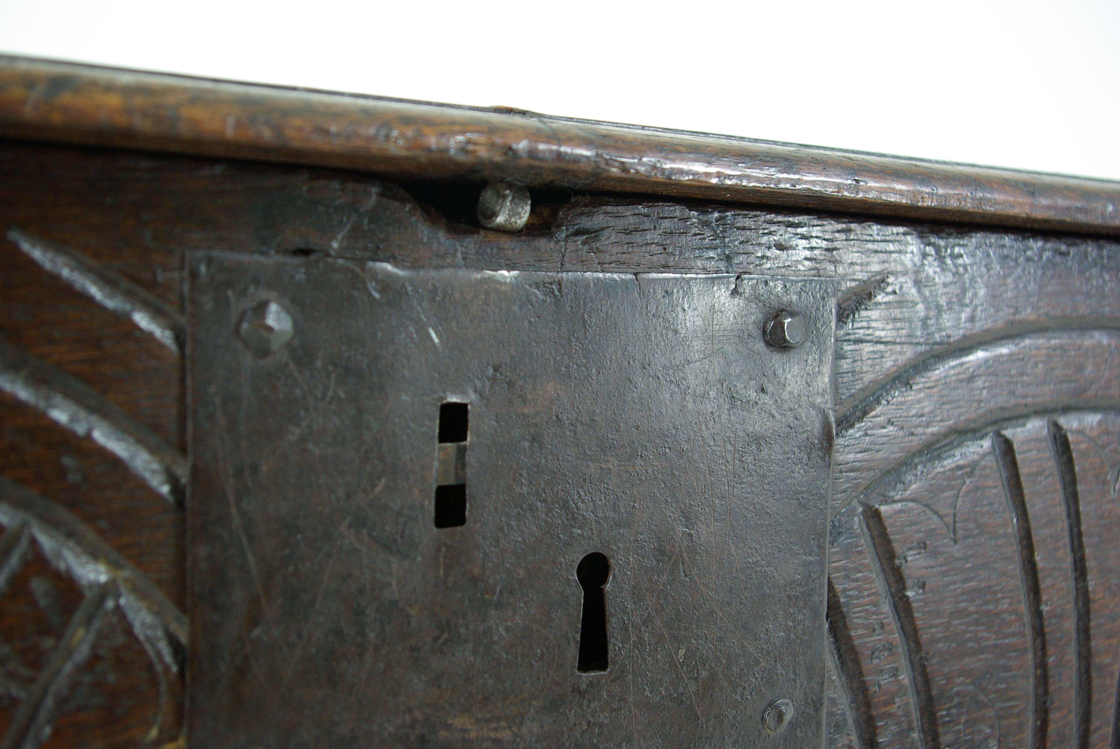 B386 18th Century Oak Bible Box with Hinged Top, Lunette Sides on Later Stand 2