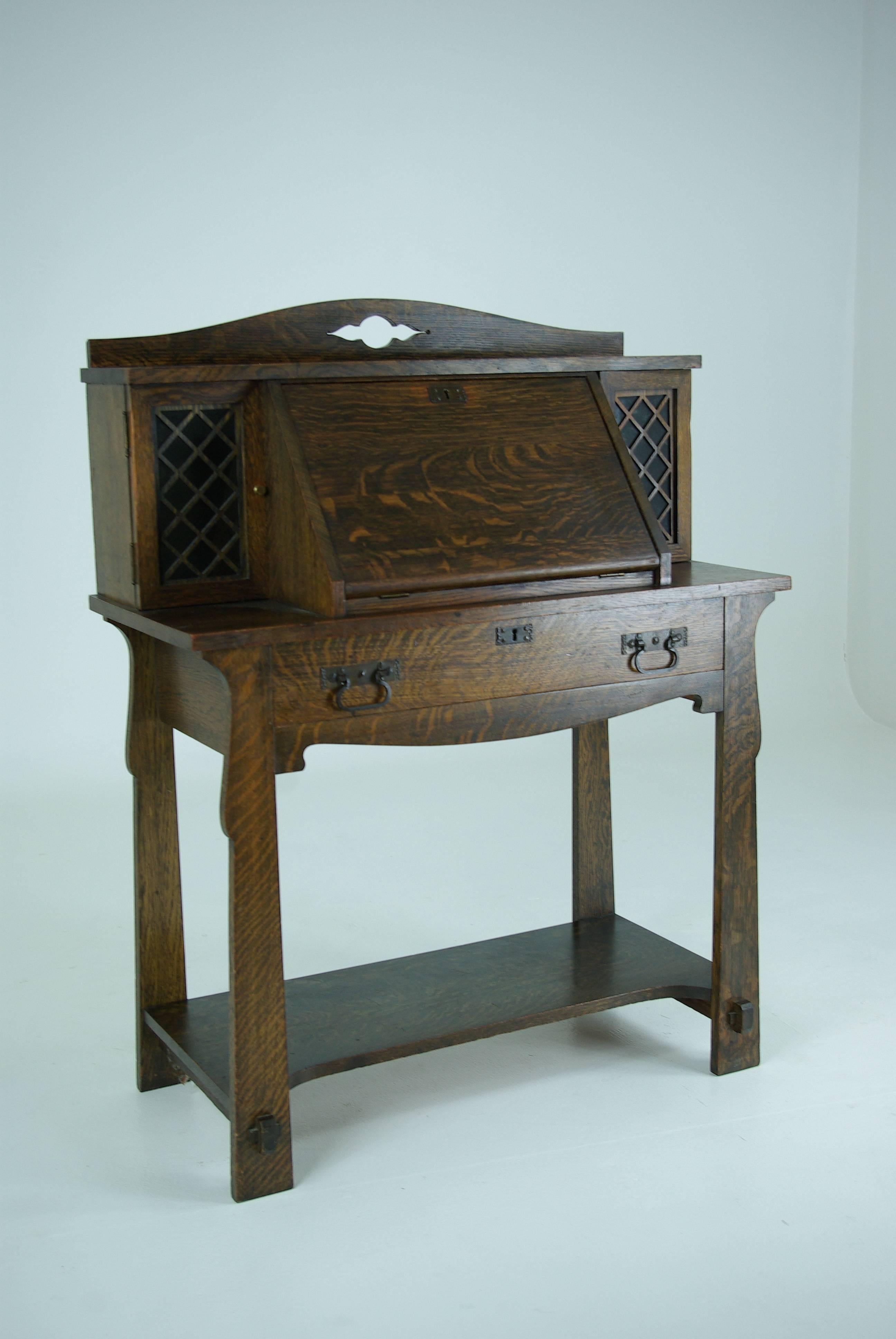 Hand-Crafted B411 Antique Solid Tiger Oak Mission Arts and Crafts Drop Front Desk