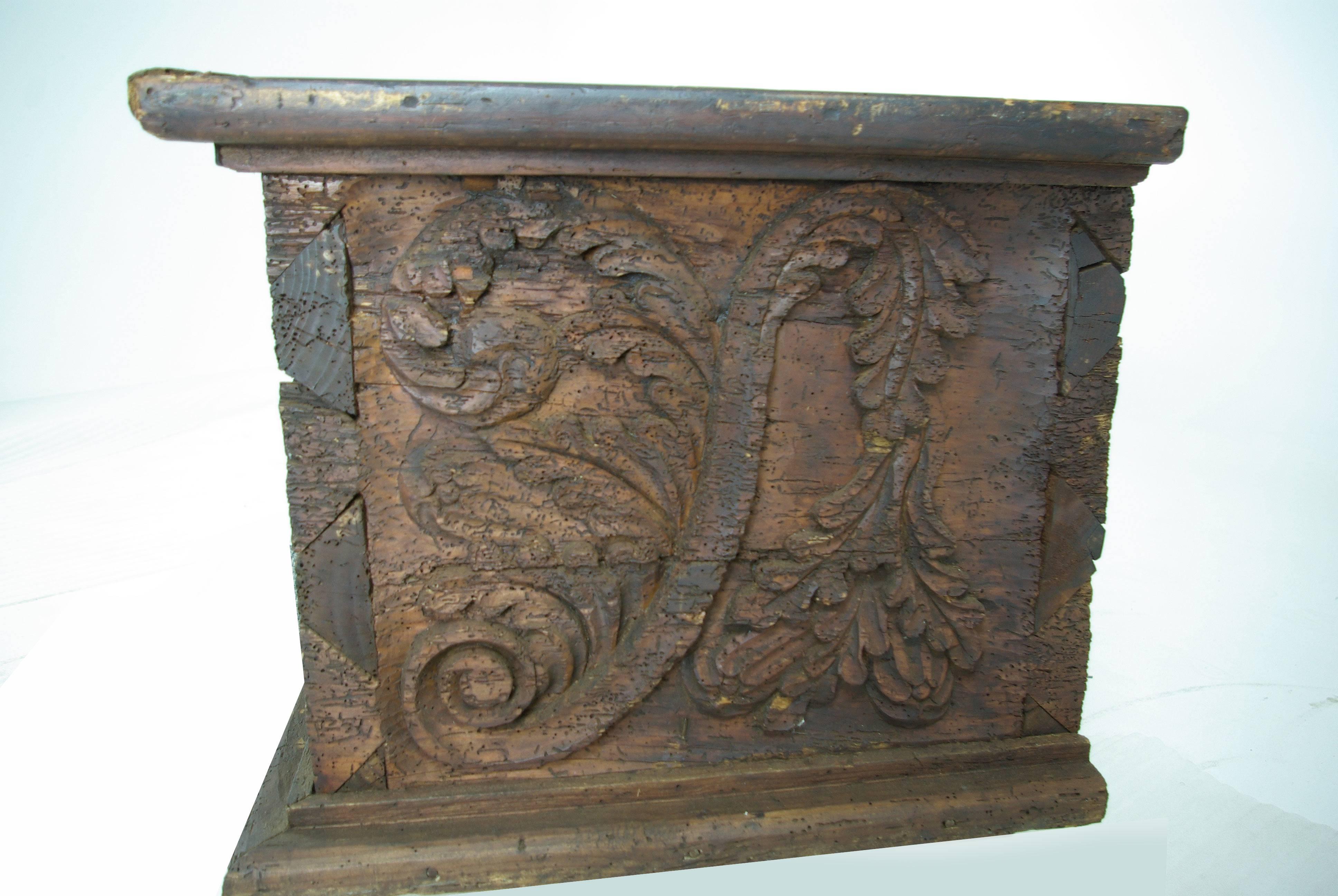 Solid carved pine
carved lid, carved front and carved sides,
opening to storage,
replaced hinges.
There are worm holes throughout the piece
lots of carving on top and front
very heavy.

$750.

Our item B323.
79.5