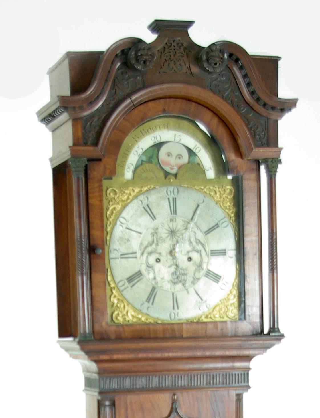 England, 1810.
All original.
Solid mahogany and veneers.
Having a silvered chapter ring with dial.
Seconds and date indicate moon phases.
Inlaid base.
Some repair to front panel of base.
All in good working order.

$3950.

Our item