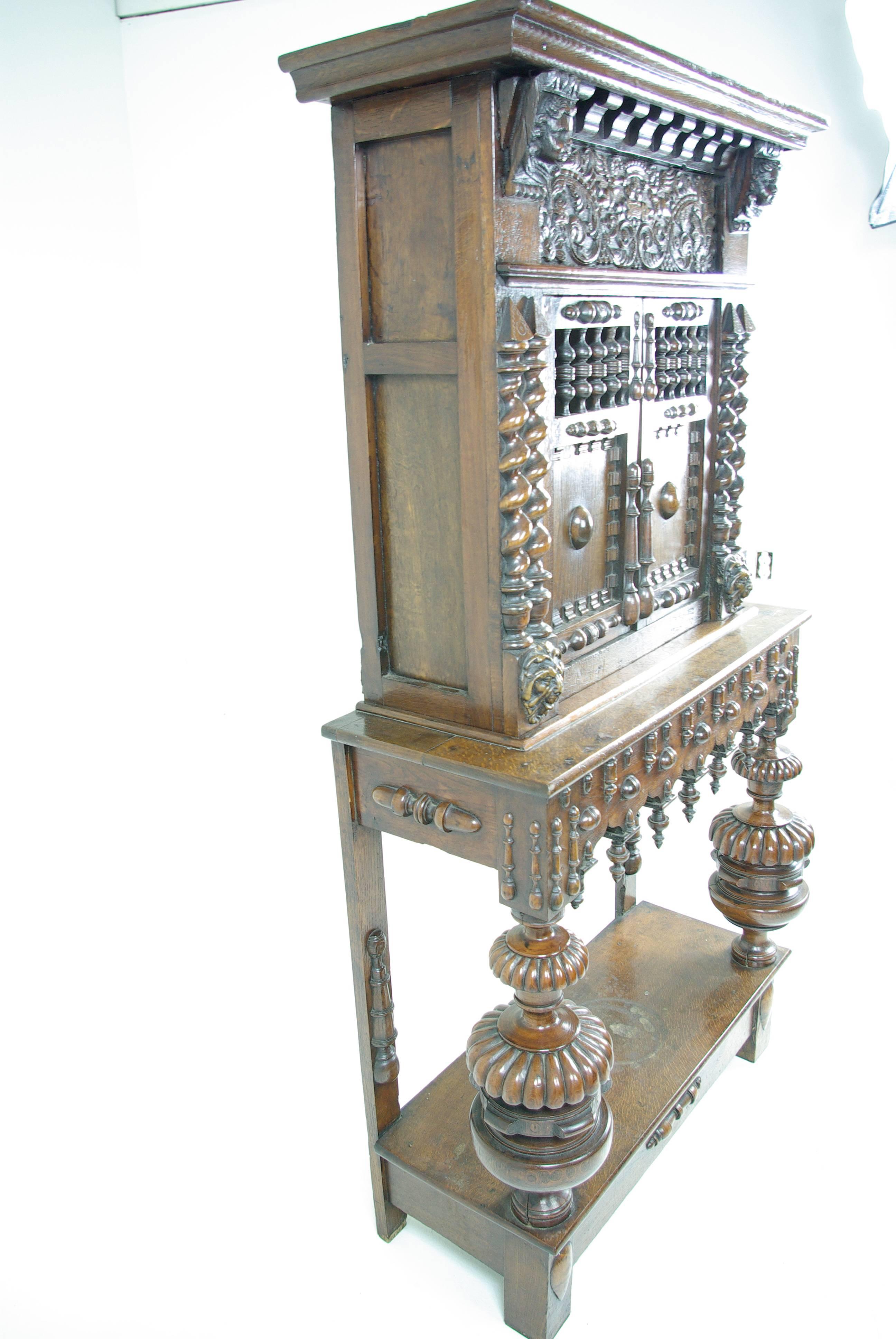 Antique Scottish Victorian Profusely Hand-Carved Two-Tiered Hall Cabinet 3