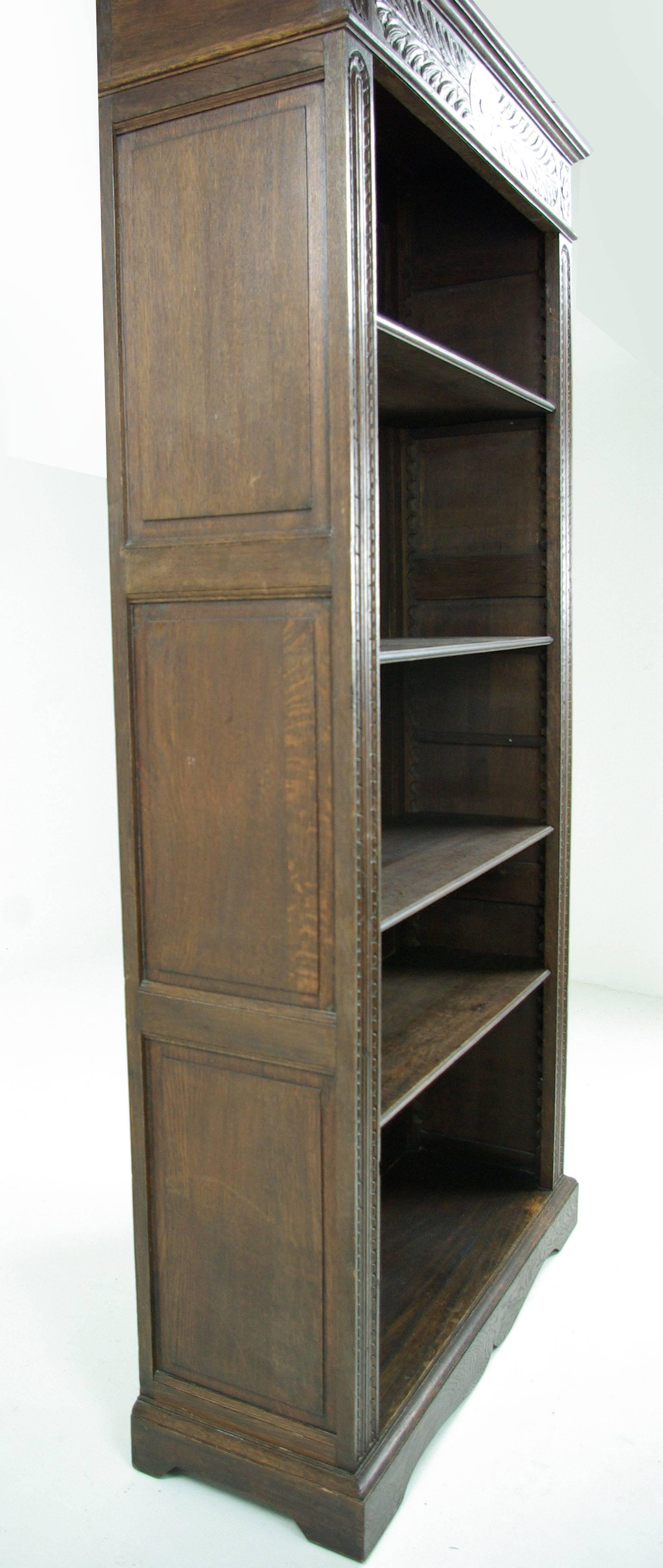 Scotland,
1880.
Solid oak construction.
Original dark oak finish.
Four fully adjustable wooden shelves
carved front and sides.
Ending on shaped base.
Very clean and solid.

Was $1650 now just $775

B452.
Measures: 36