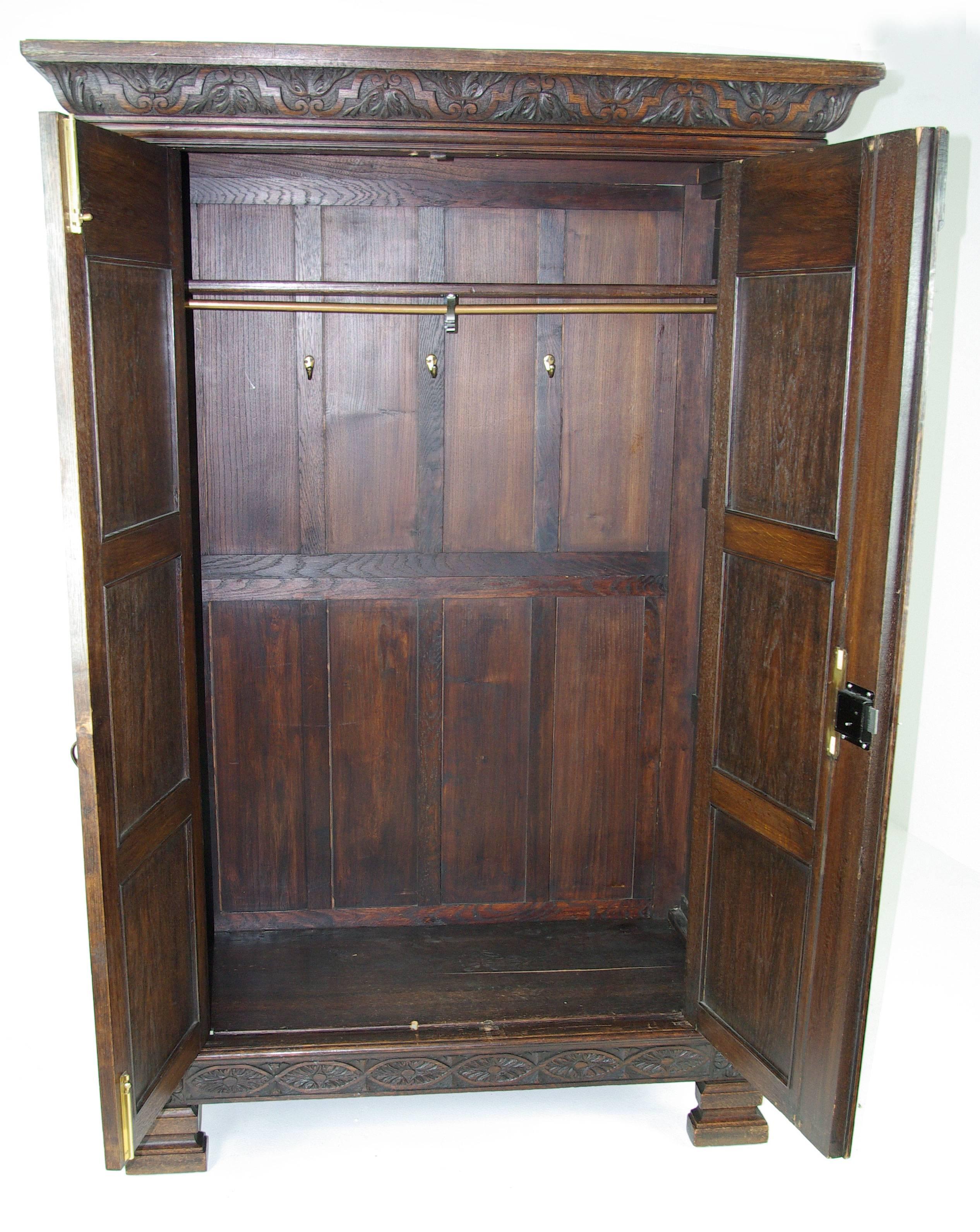 Hand-Crafted Antique Scottish Heavily Carved Oak Armoire, Wardrobe, Closet