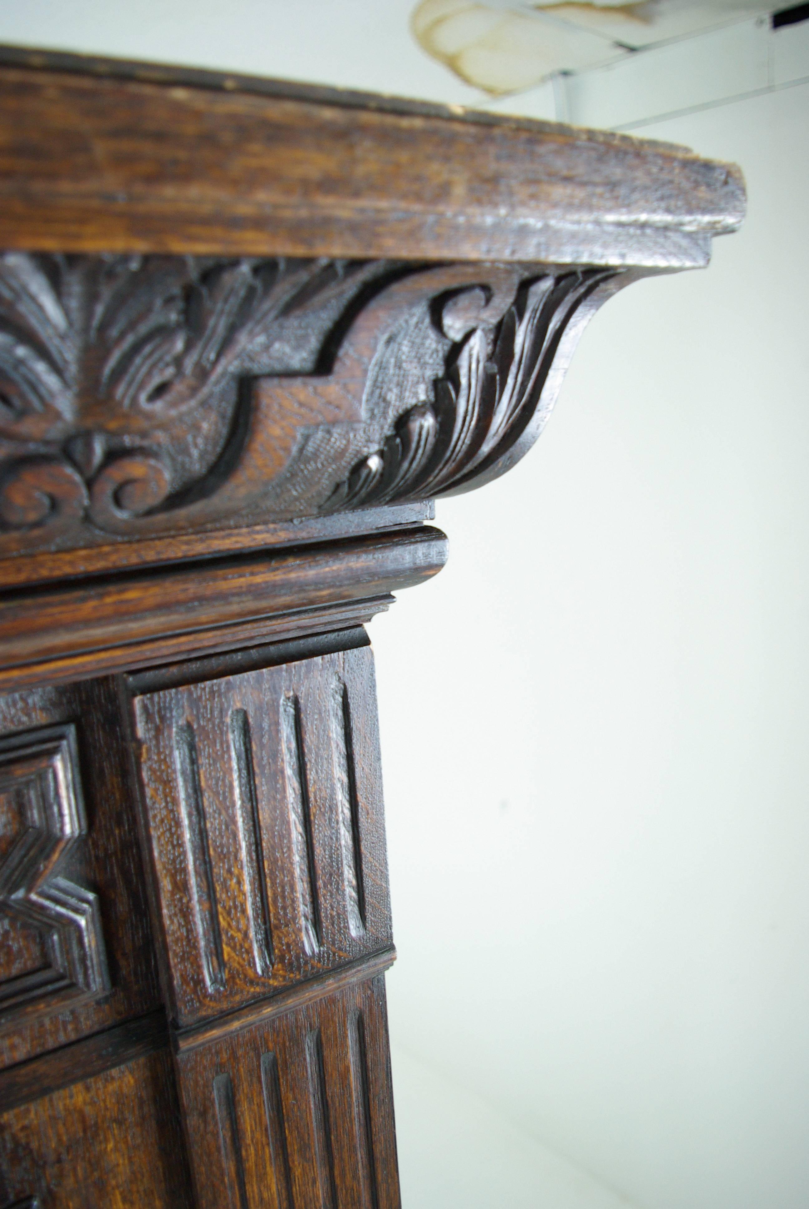 Late 19th Century Antique Scottish Heavily Carved Oak Armoire, Wardrobe, Closet