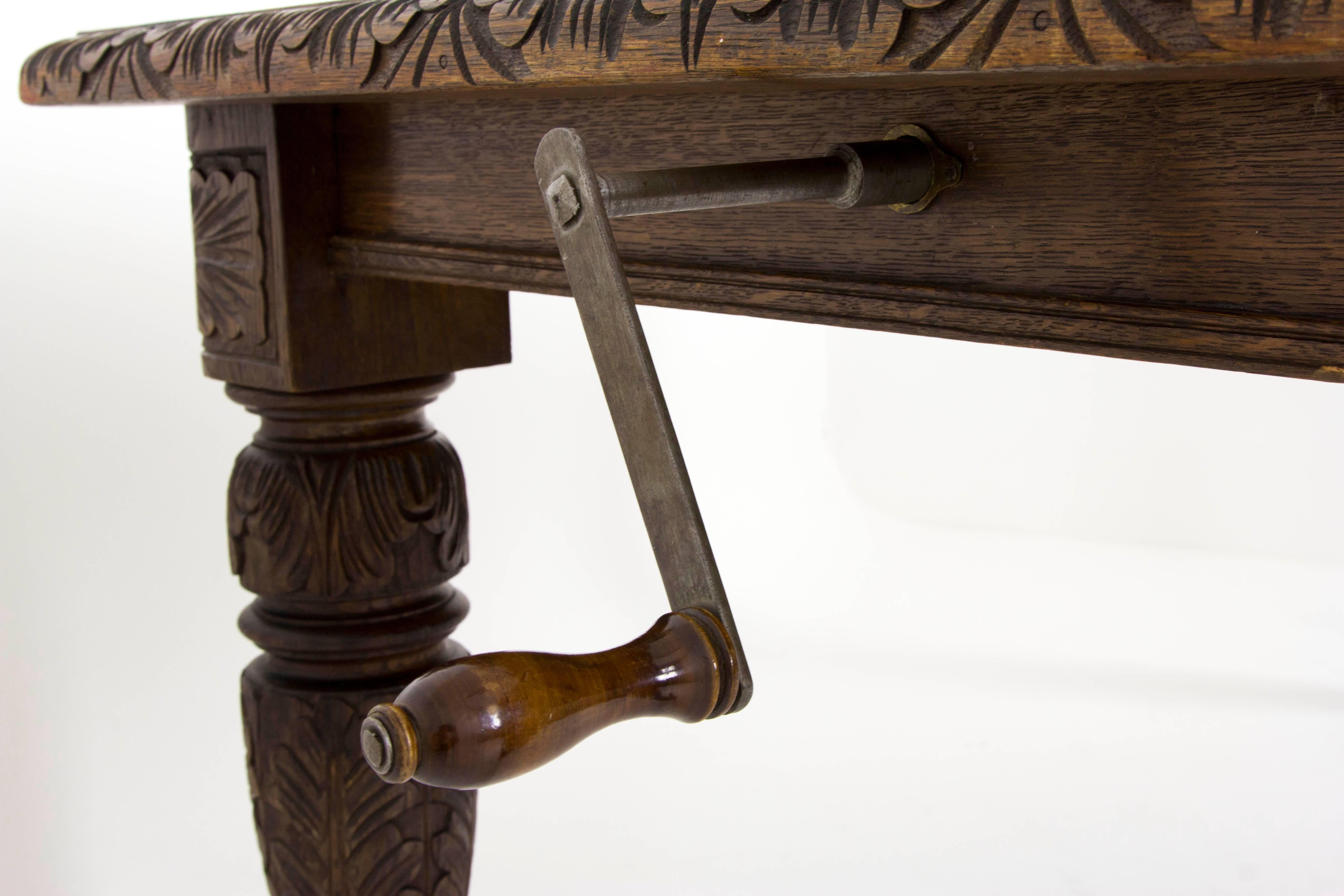 Hand-Crafted B445 Antique Scottish Victorian Oak Jacobean Carved Dining Table with Hand Crank