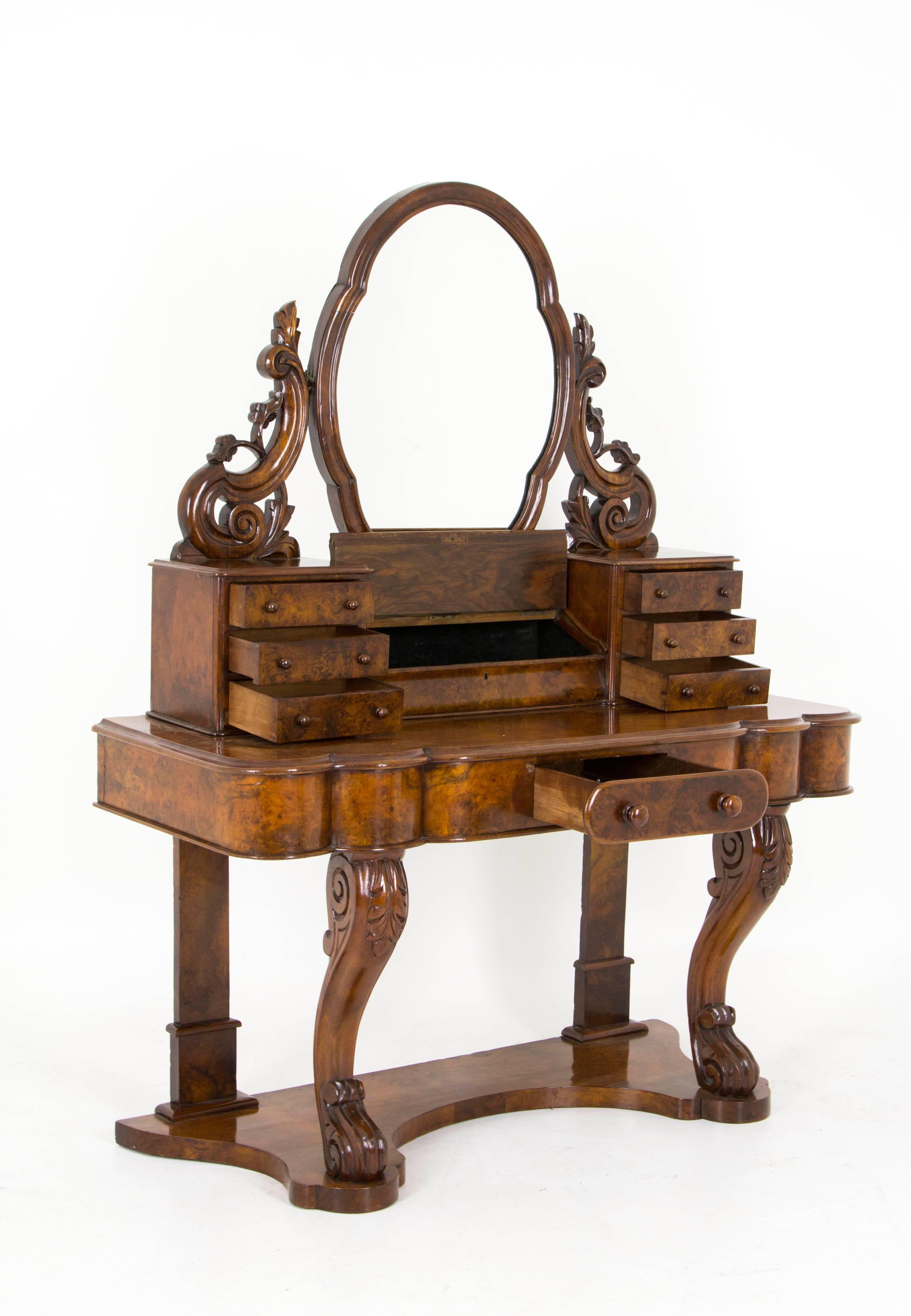  B628 Antique Scottish Victorian Burr Walnut Duchess Dressing Table, Vanity In Good Condition In Vancouver, BC