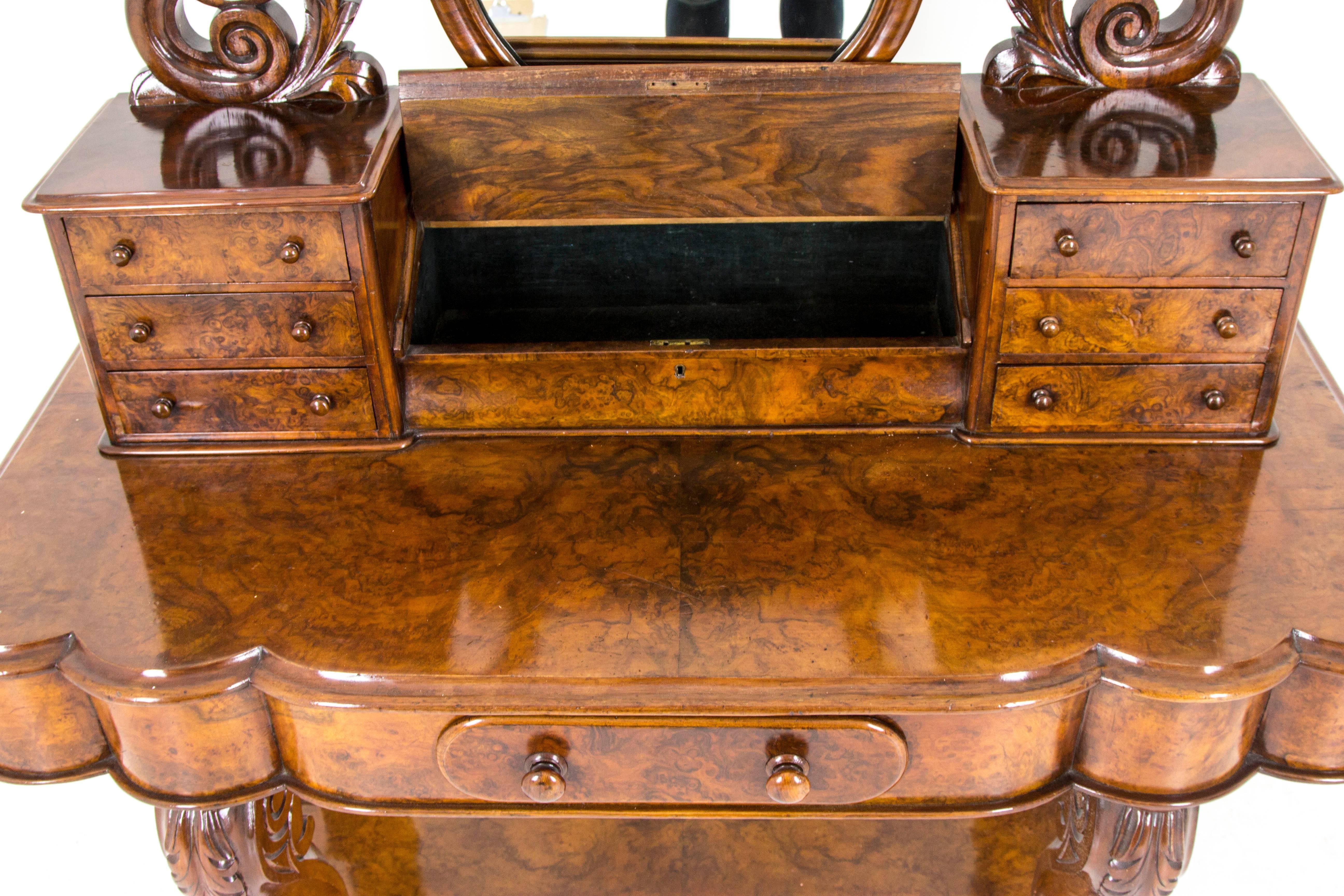  B628 Antique Scottish Victorian Burr Walnut Duchess Dressing Table, Vanity 1