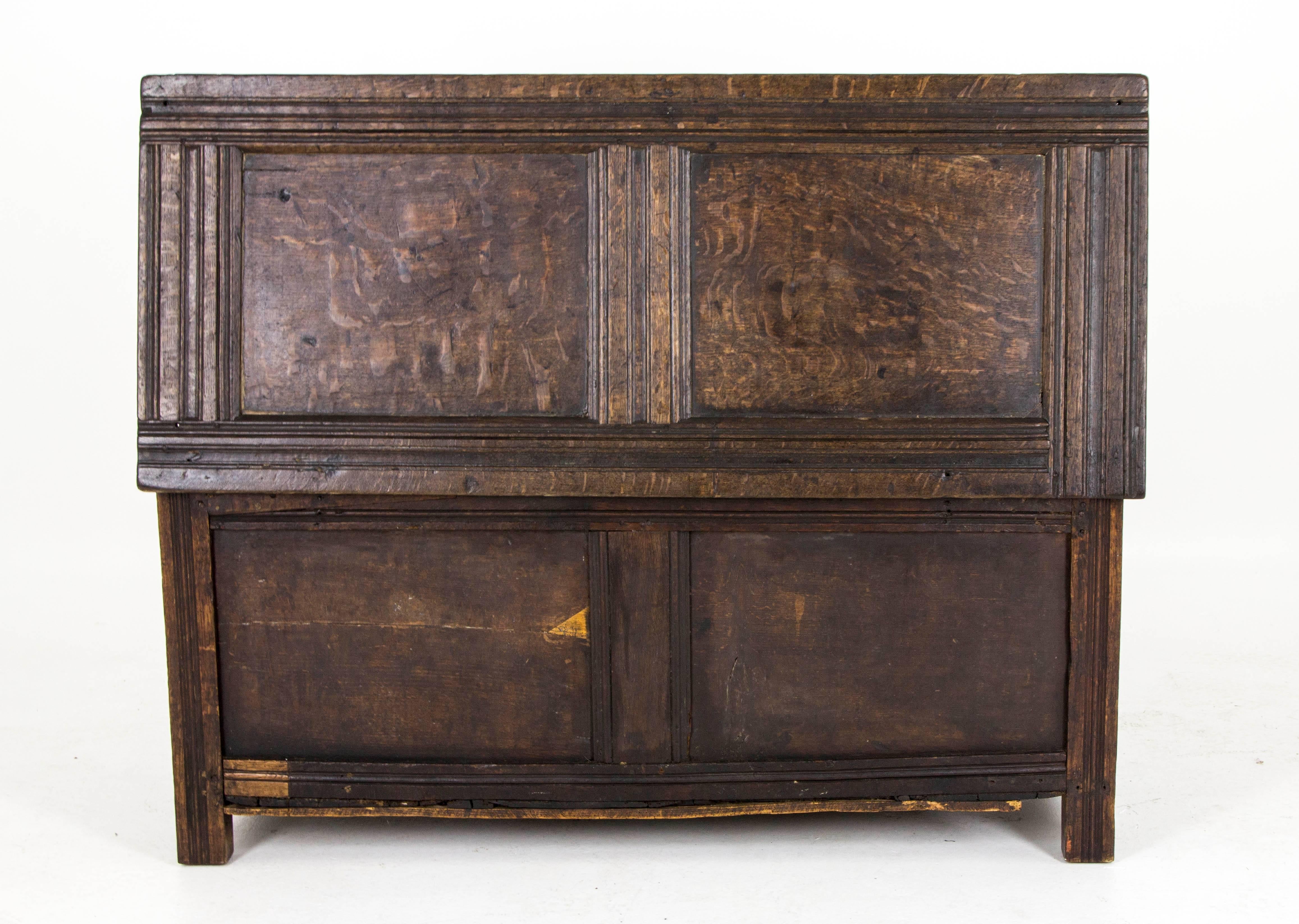 Antique Scottish 18th Century Jacobean Carved Oak Coffer, Blanket Box, Chest In Good Condition In Vancouver, BC