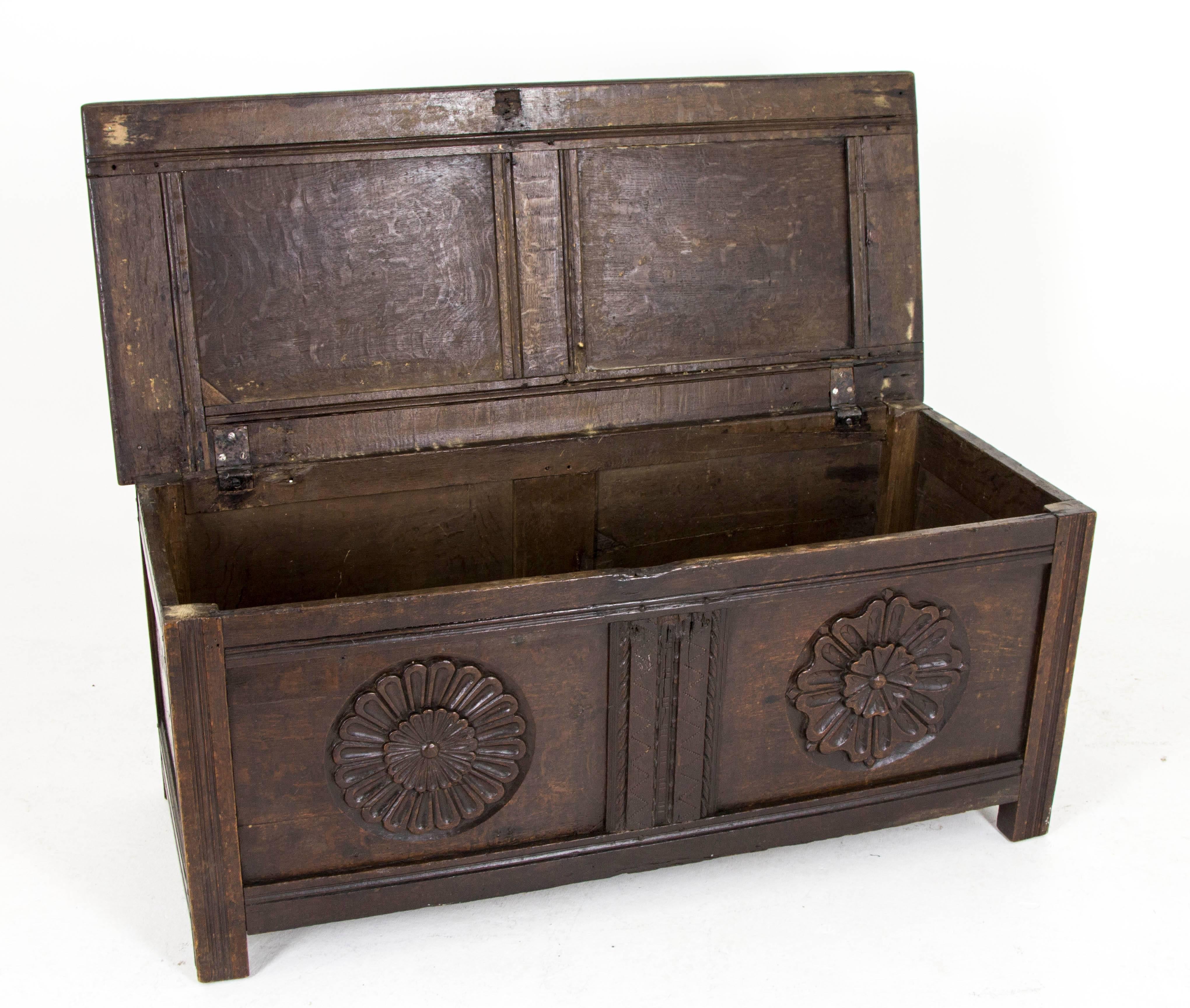 Late 18th Century Antique Scottish 18th Century Jacobean Carved Oak Coffer, Blanket Box, Chest