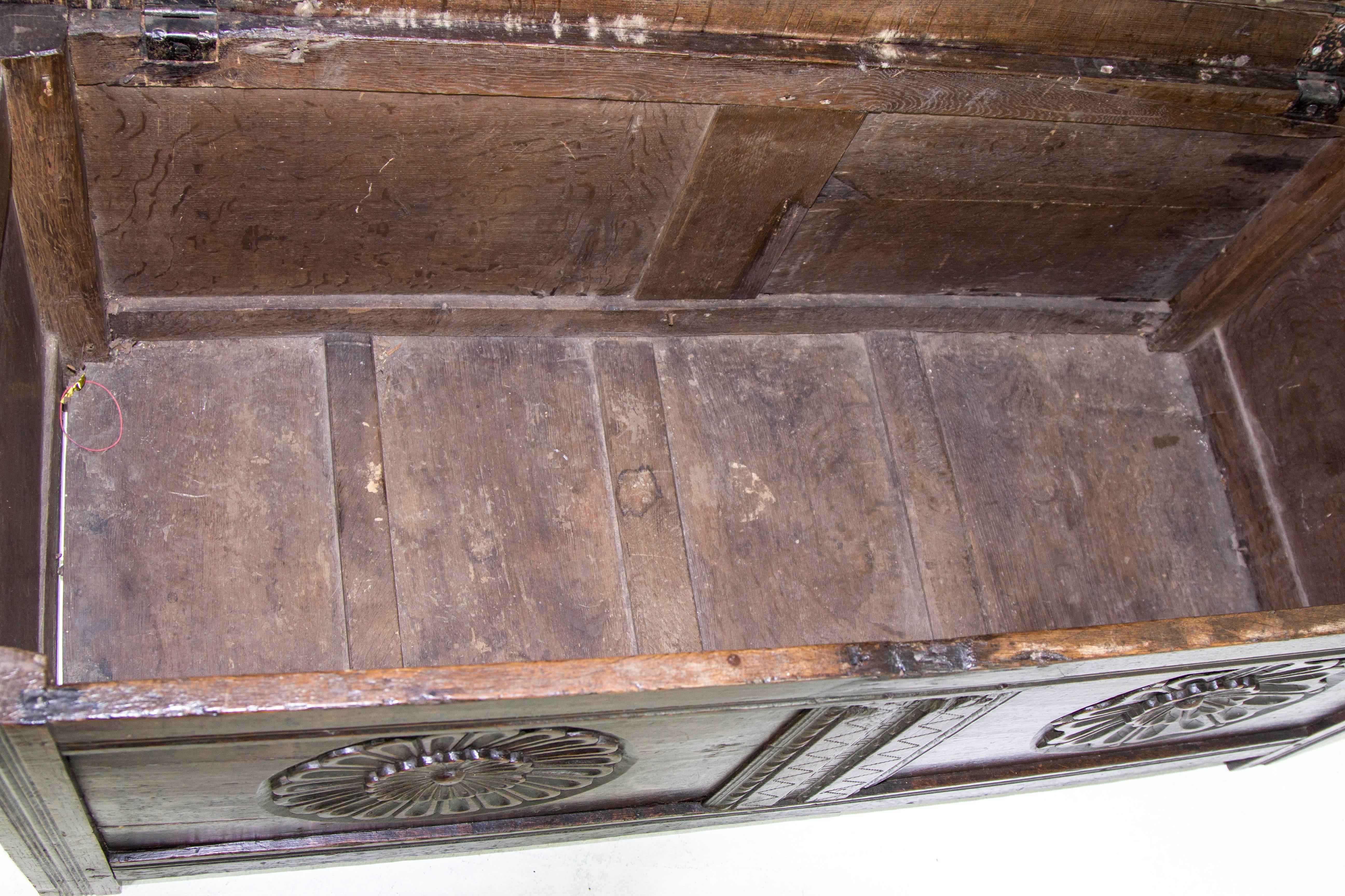 Antique Scottish 18th Century Jacobean Carved Oak Coffer, Blanket Box, Chest 2