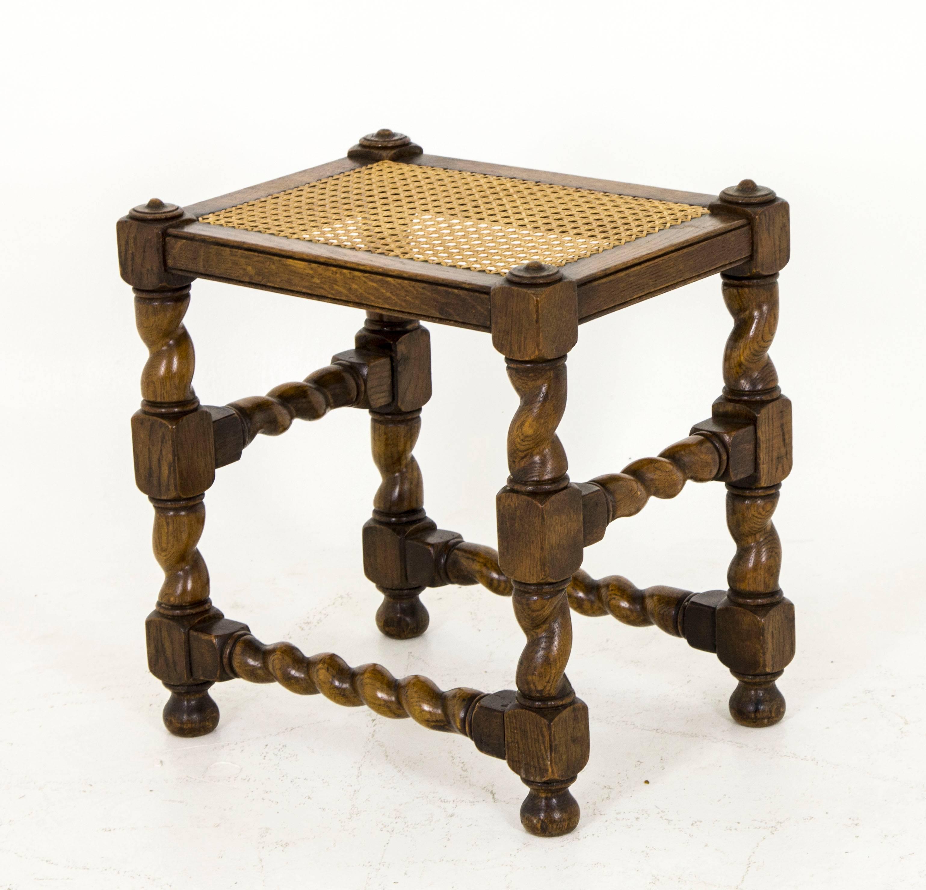 Hand-Crafted B441 Antique Oak Barley Twist Stool with Caned Top