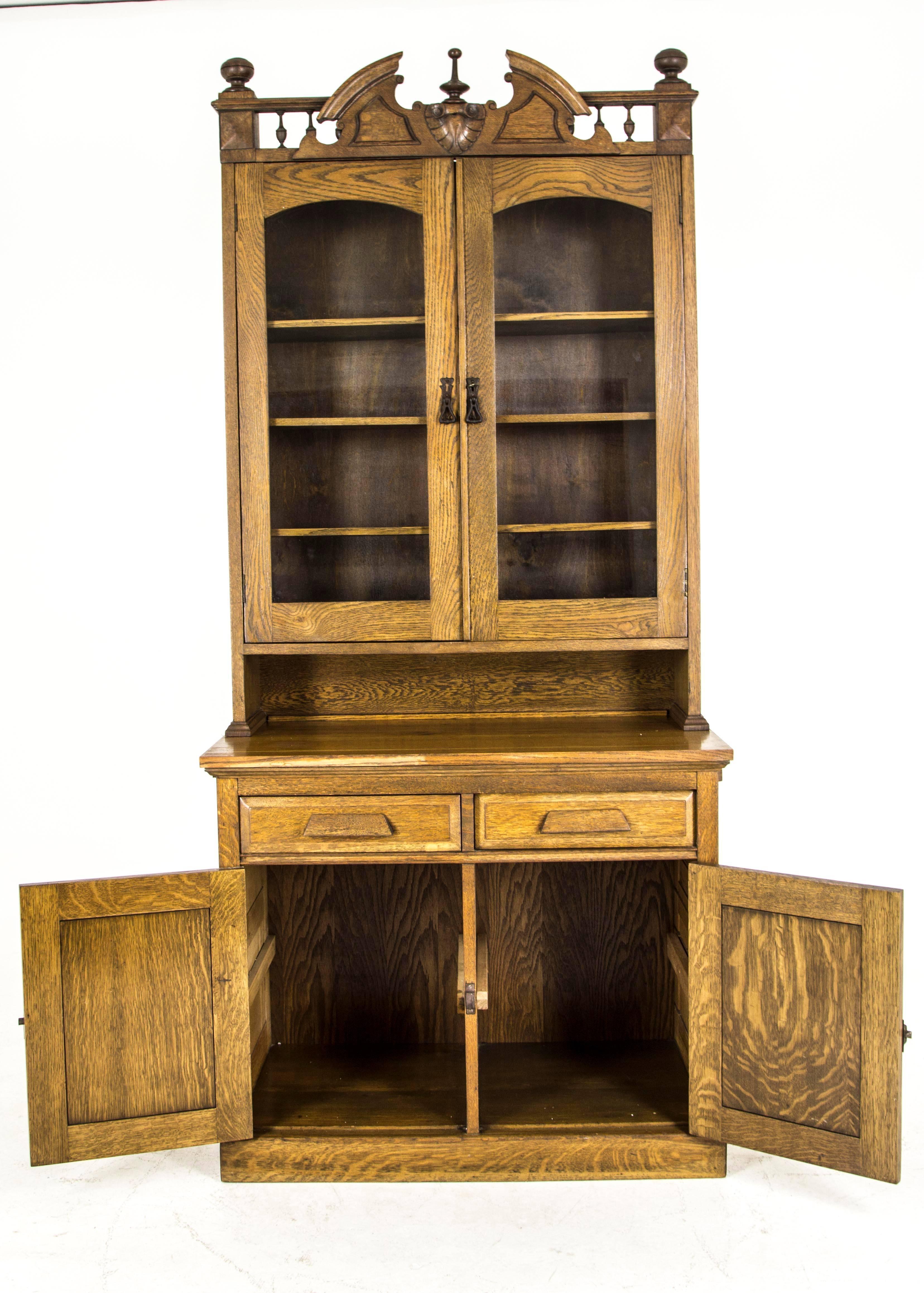 Hand-Crafted B623 Antique Tiger Oak Eastlake Hutch, Buffet, Glass Fronted Cabinet