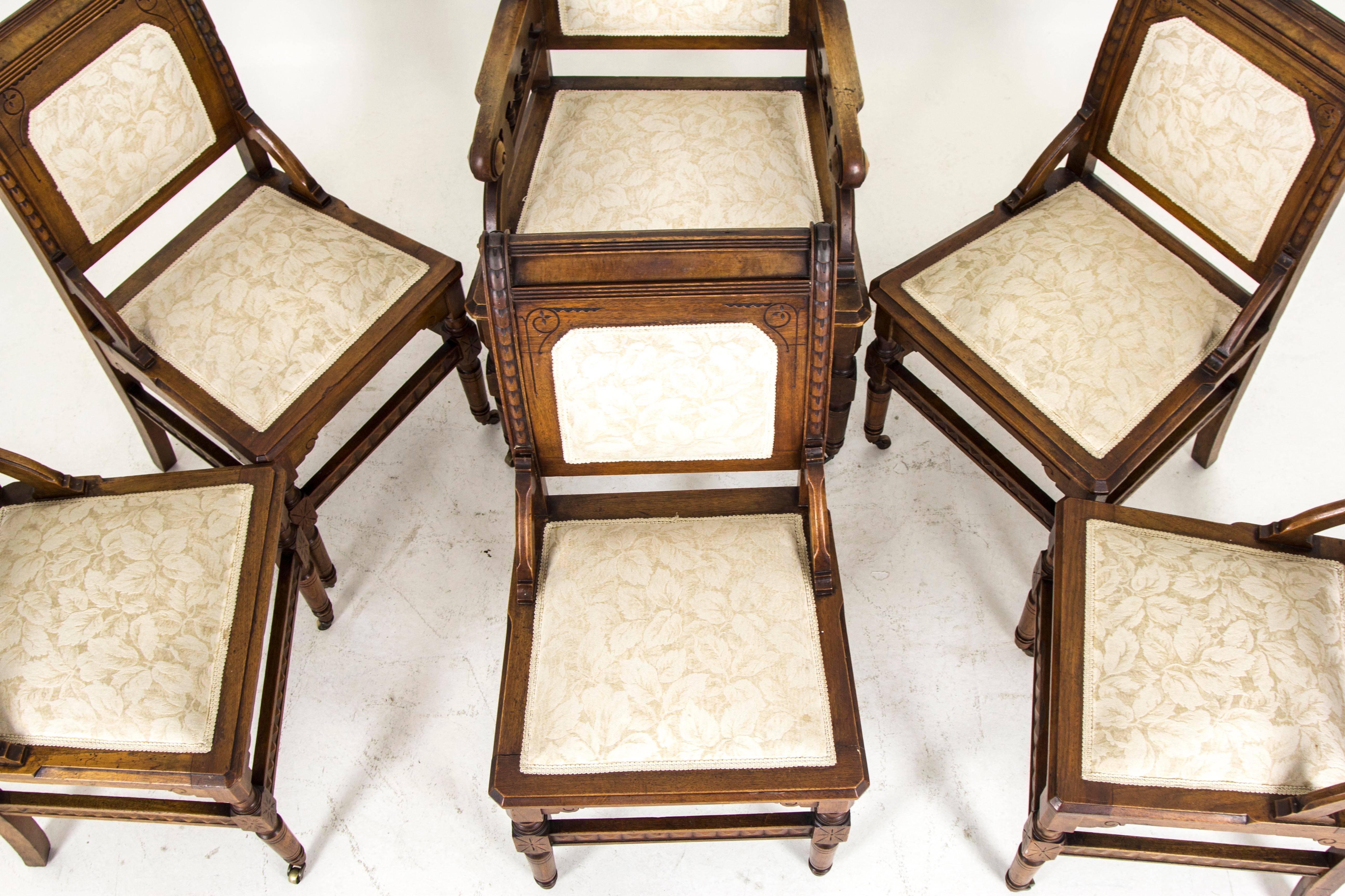 Set of Six Antique Carved Walnut Eastlake Dining Chairs In Excellent Condition In Vancouver, BC