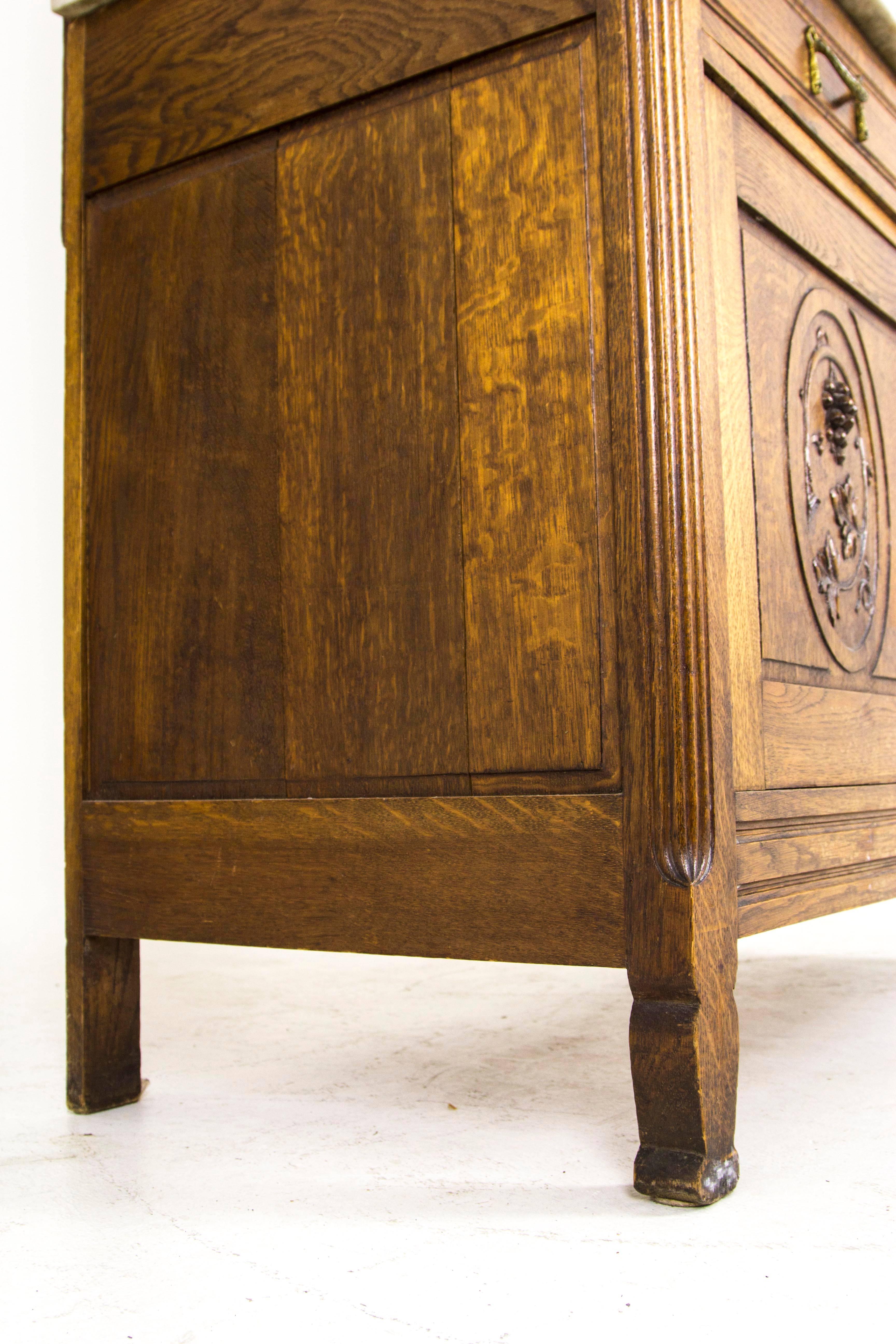 Late 19th Century Antique French Oak Marble-Top Vanity, Dresser with Large Bevelled Mirror