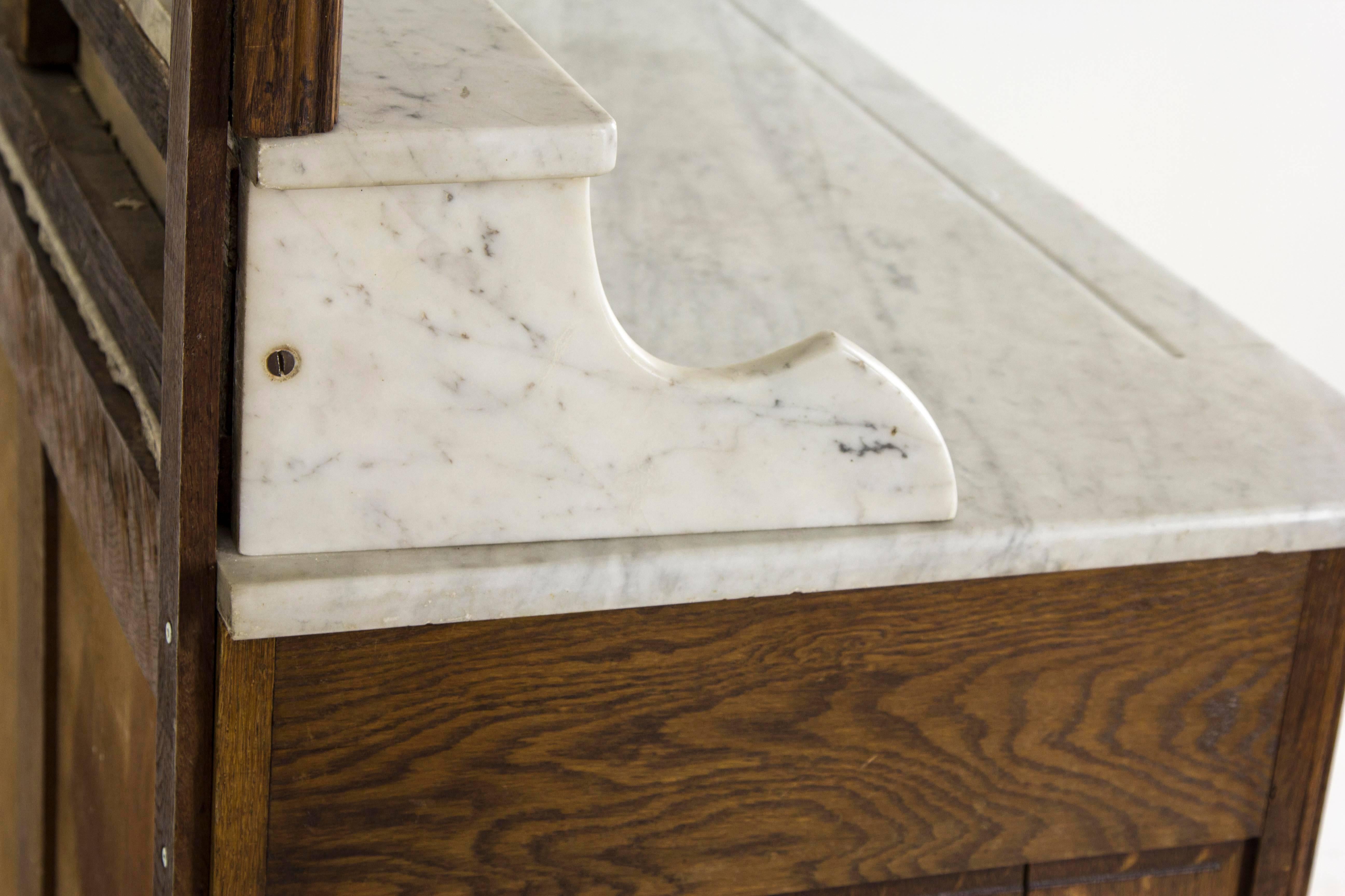 Antique French Oak Marble-Top Vanity, Dresser with Large Bevelled Mirror 1