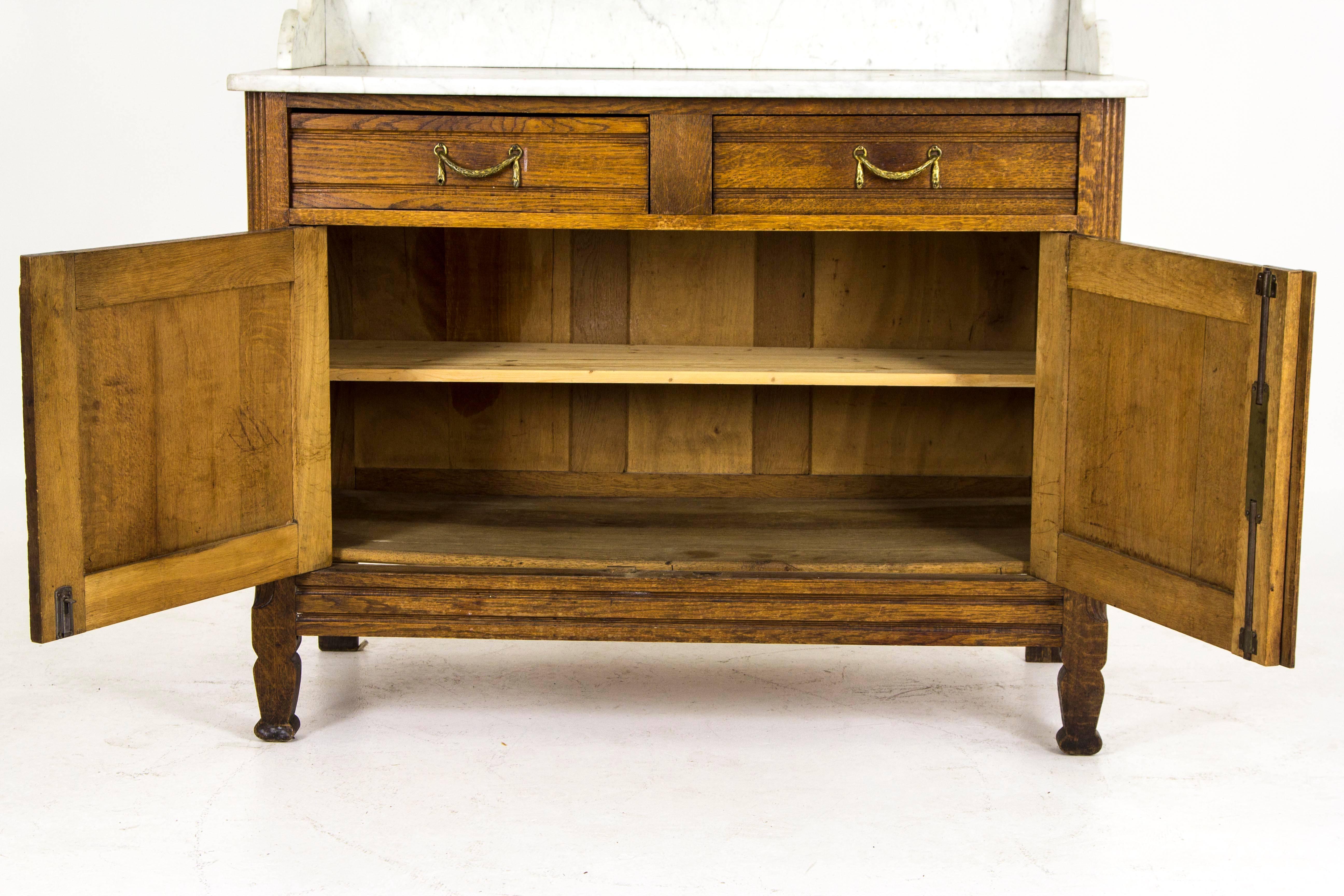 Antique French Oak Marble-Top Vanity, Dresser with Large Bevelled Mirror 3