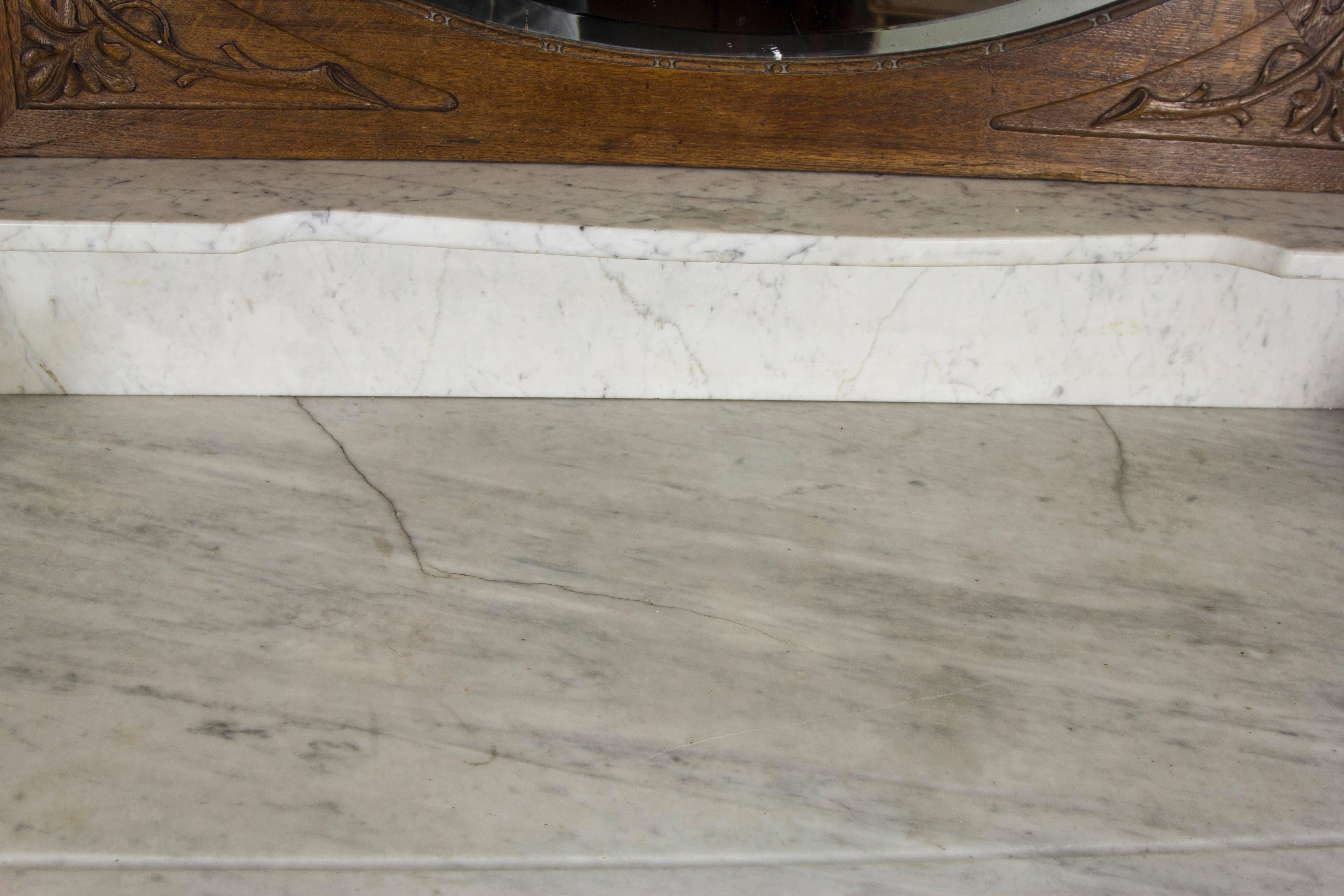 Antique French Oak Marble-Top Vanity, Dresser with Large Bevelled Mirror 2