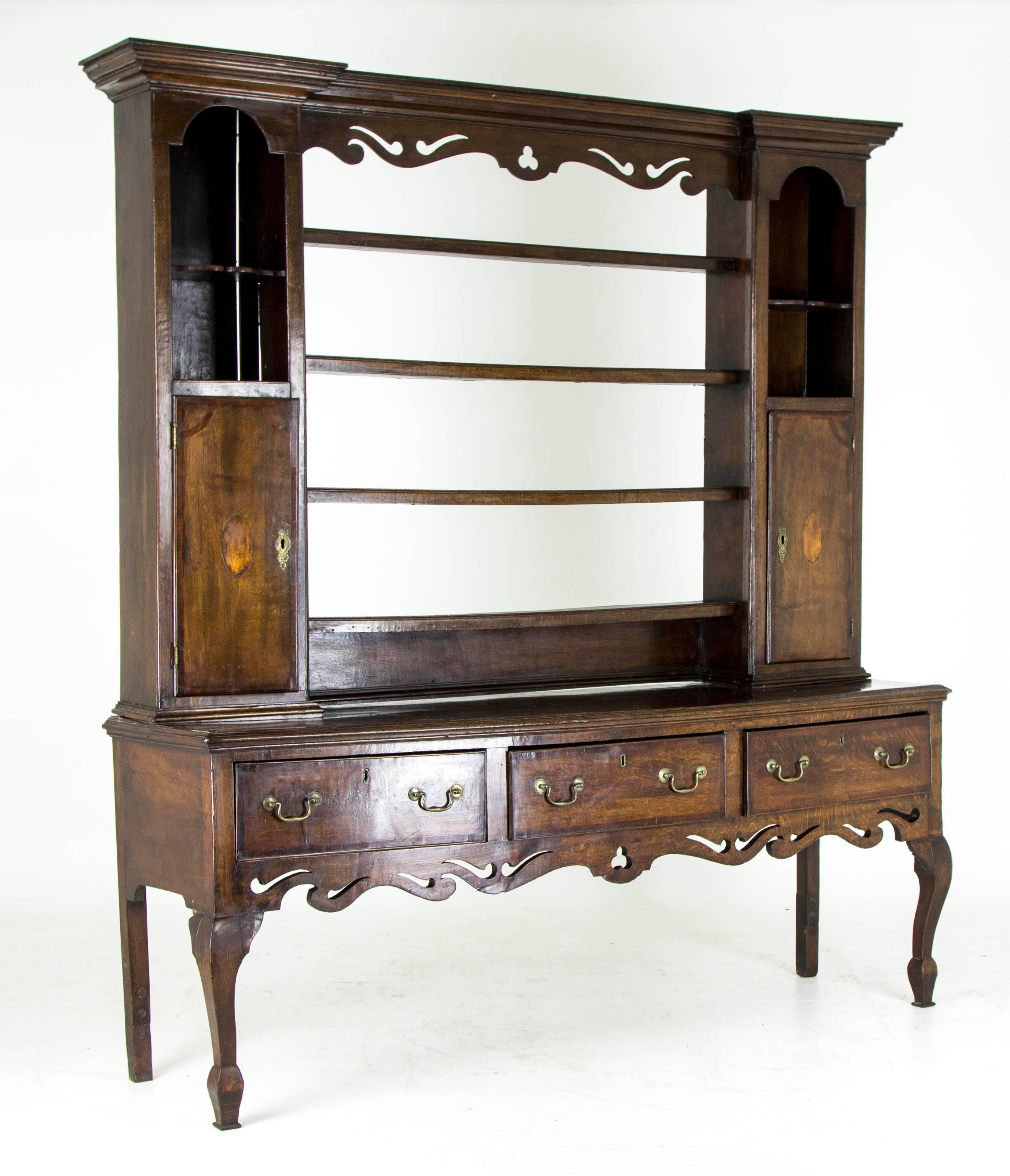 Hand-Crafted B613 Antique English 18th Century Oak Welsh Dresser with Three-Shelve Plate Rack