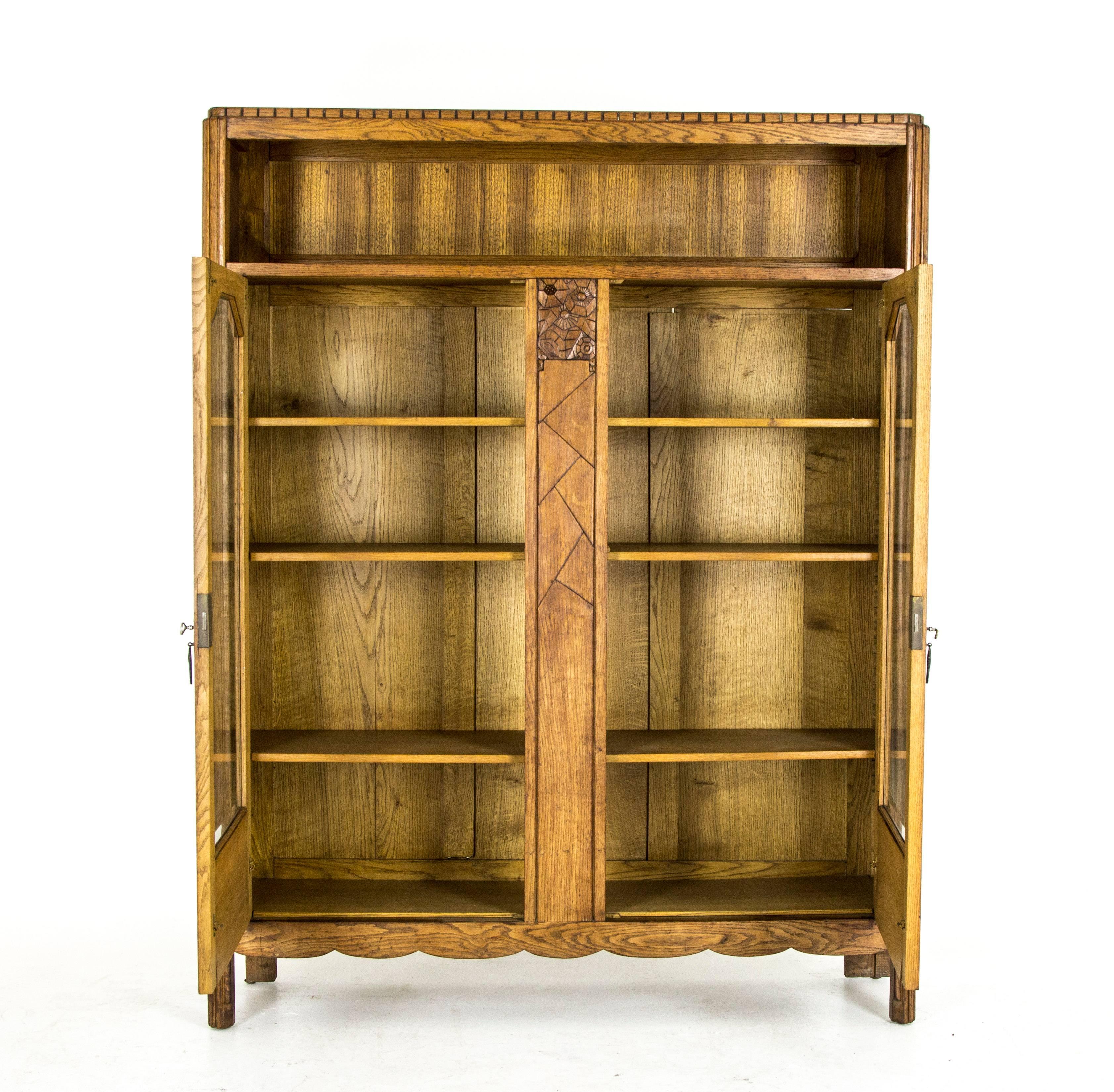 Hand-Crafted Antique Scottish Art Deco Two-Door Bookcase, Display Cabinet, Beveled Glass