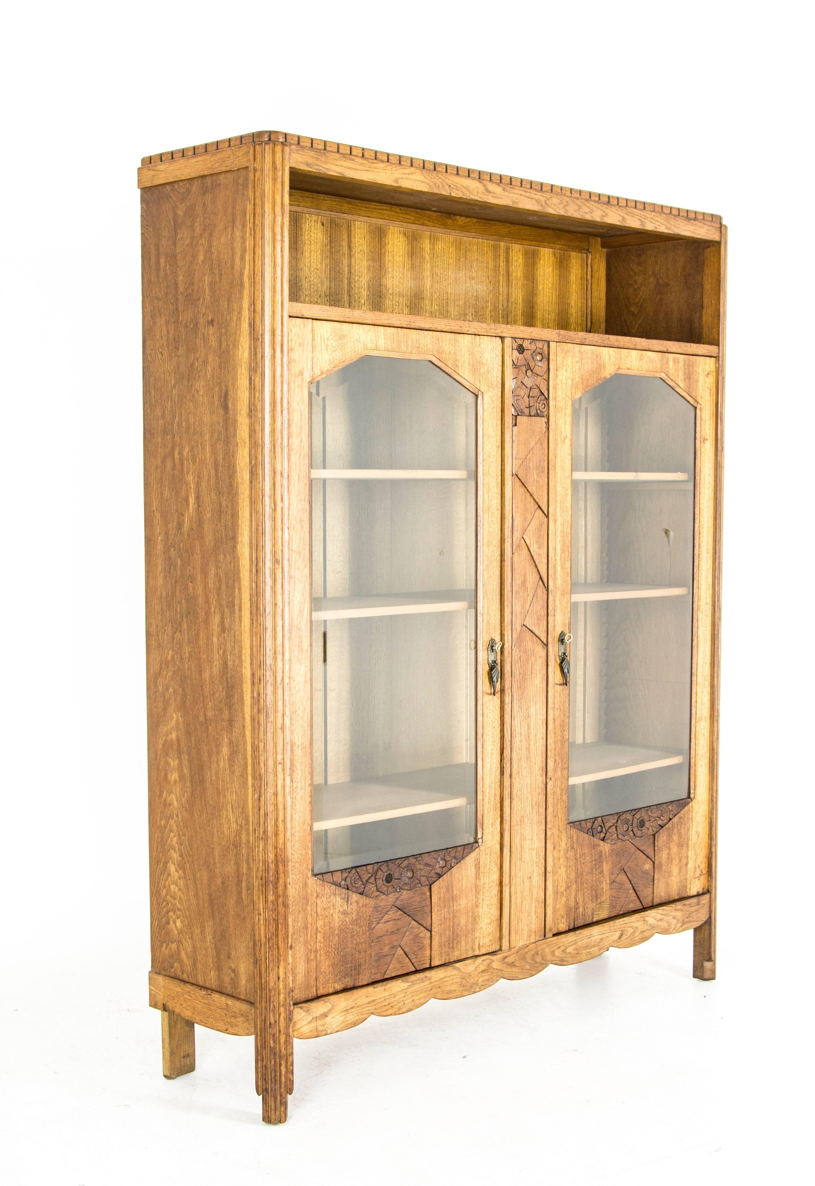 Antique Scottish Art Deco Two-Door Bookcase, Display Cabinet, Beveled Glass In Excellent Condition In Vancouver, BC