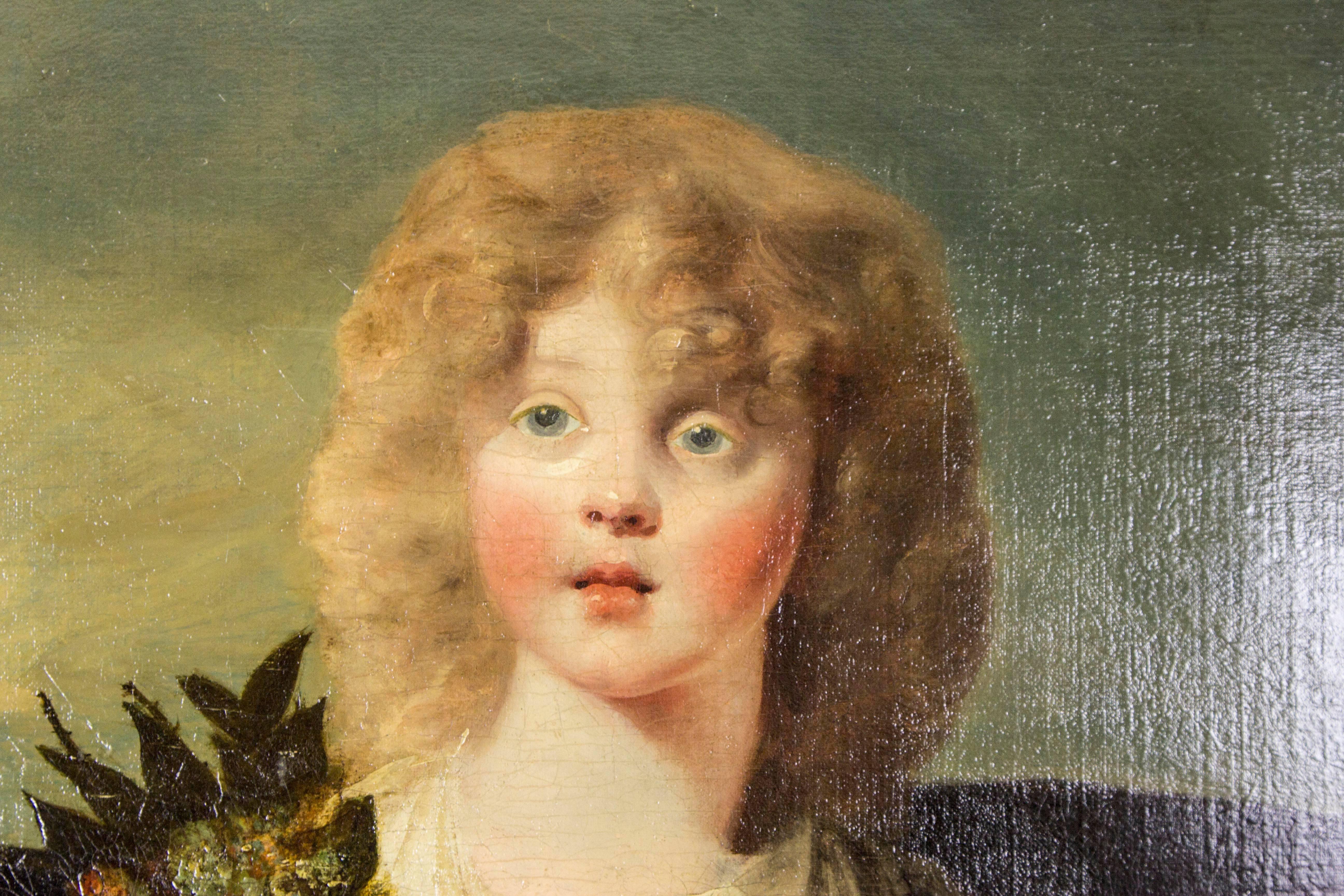 B639 Large 18th-Early 19th Century Portrait of a Young Girl in White In Good Condition In Vancouver, BC