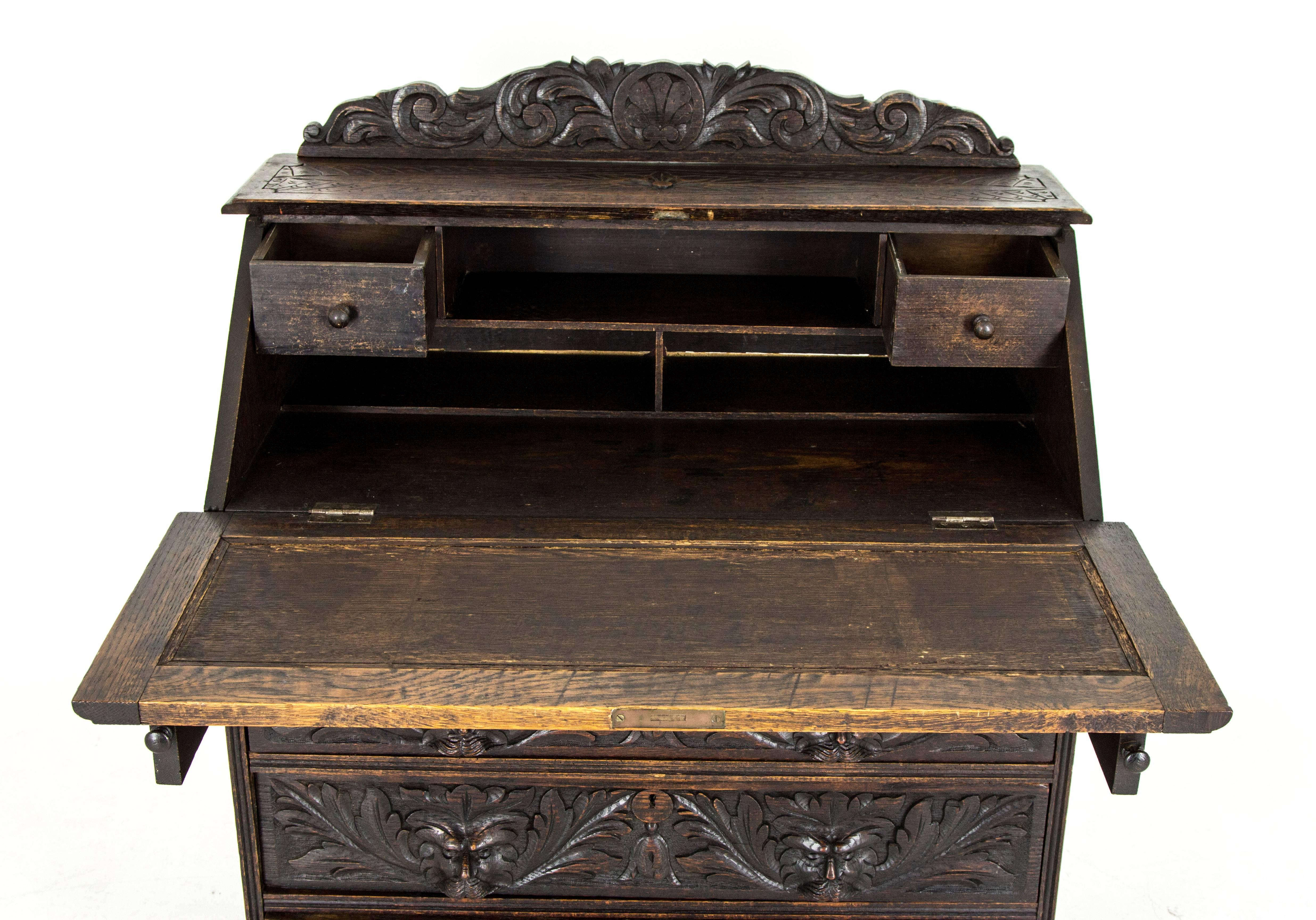 Hand-Crafted Antique Scottish Gothic Carved Oak Slant Front Desk, Bureau