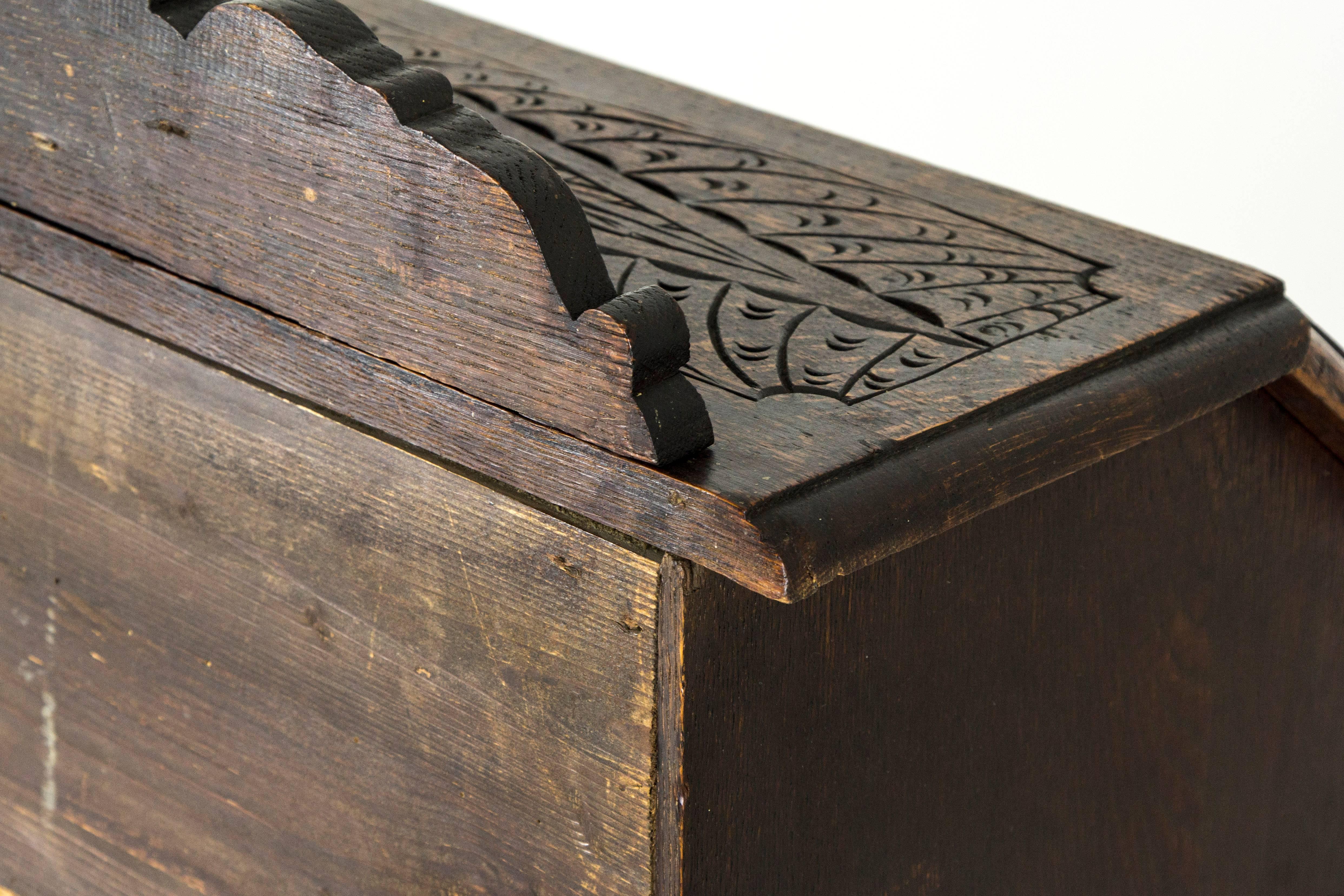 Antique Scottish Gothic Carved Oak Slant Front Desk, Bureau In Good Condition In Vancouver, BC
