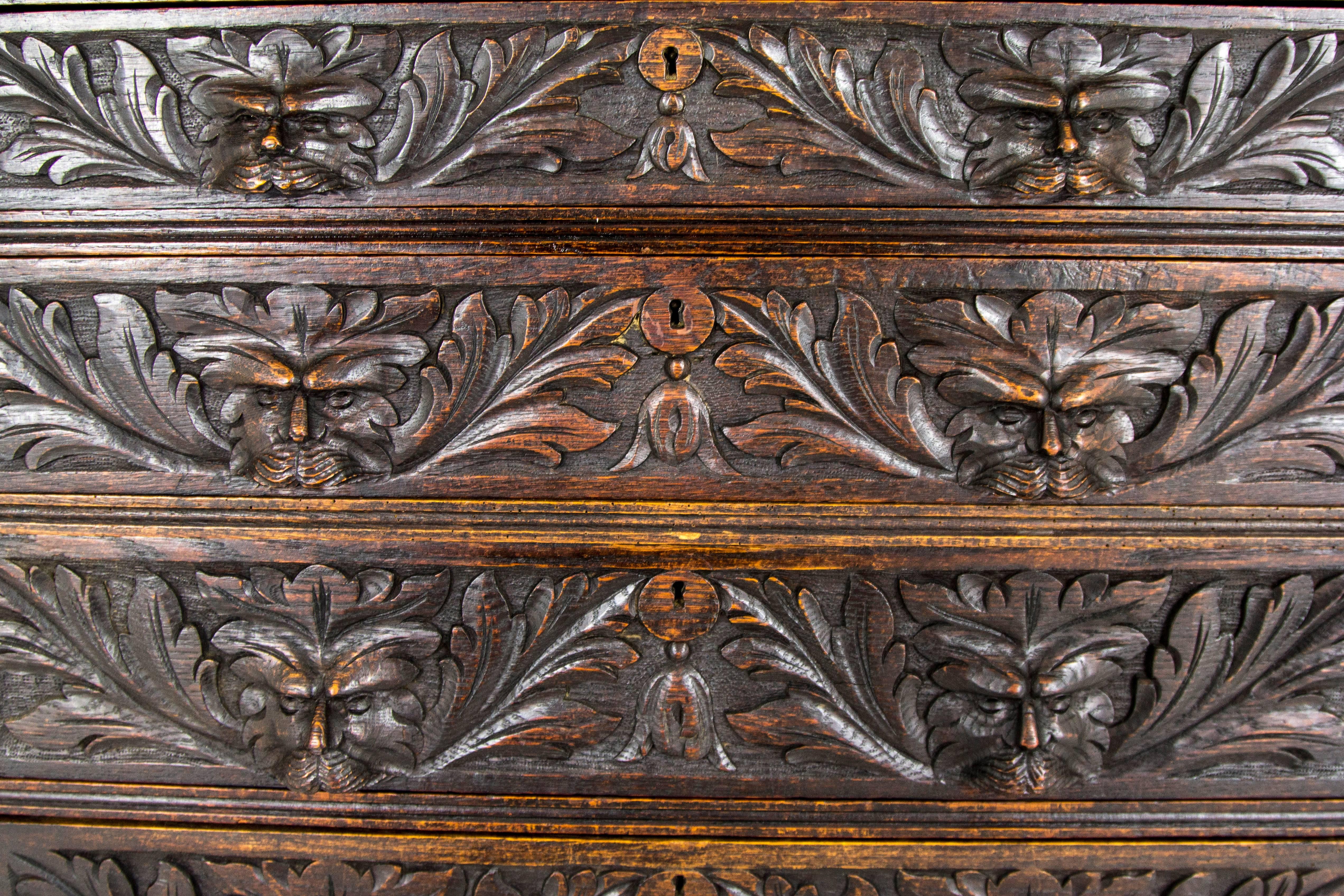 Antique Scottish Gothic Carved Oak Slant Front Desk, Bureau 1