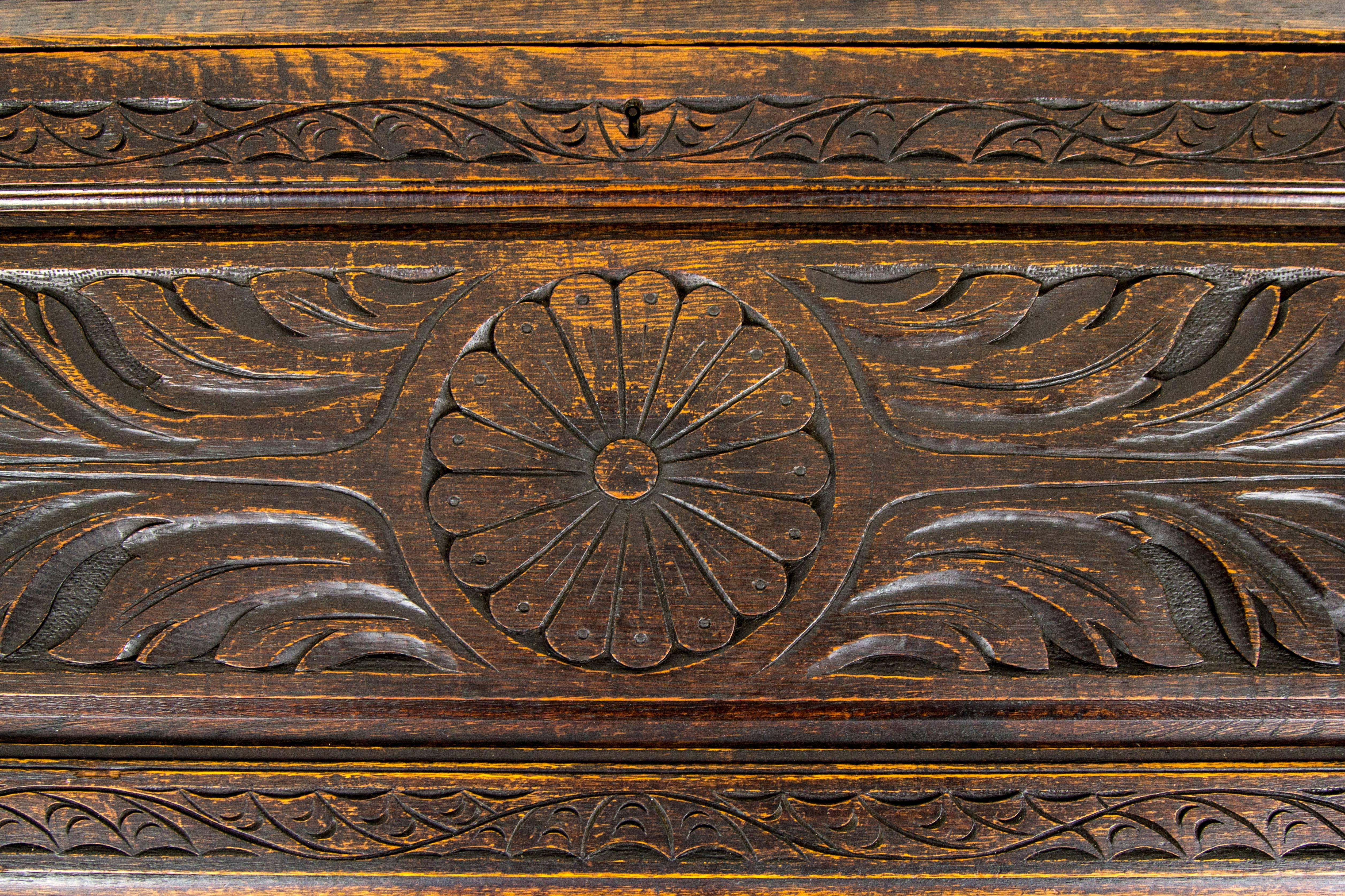 Antique Scottish Gothic Carved Oak Slant Front Desk, Bureau 2
