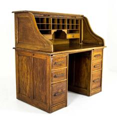 Antique Oak Roll Top Desk, Double Pedestal