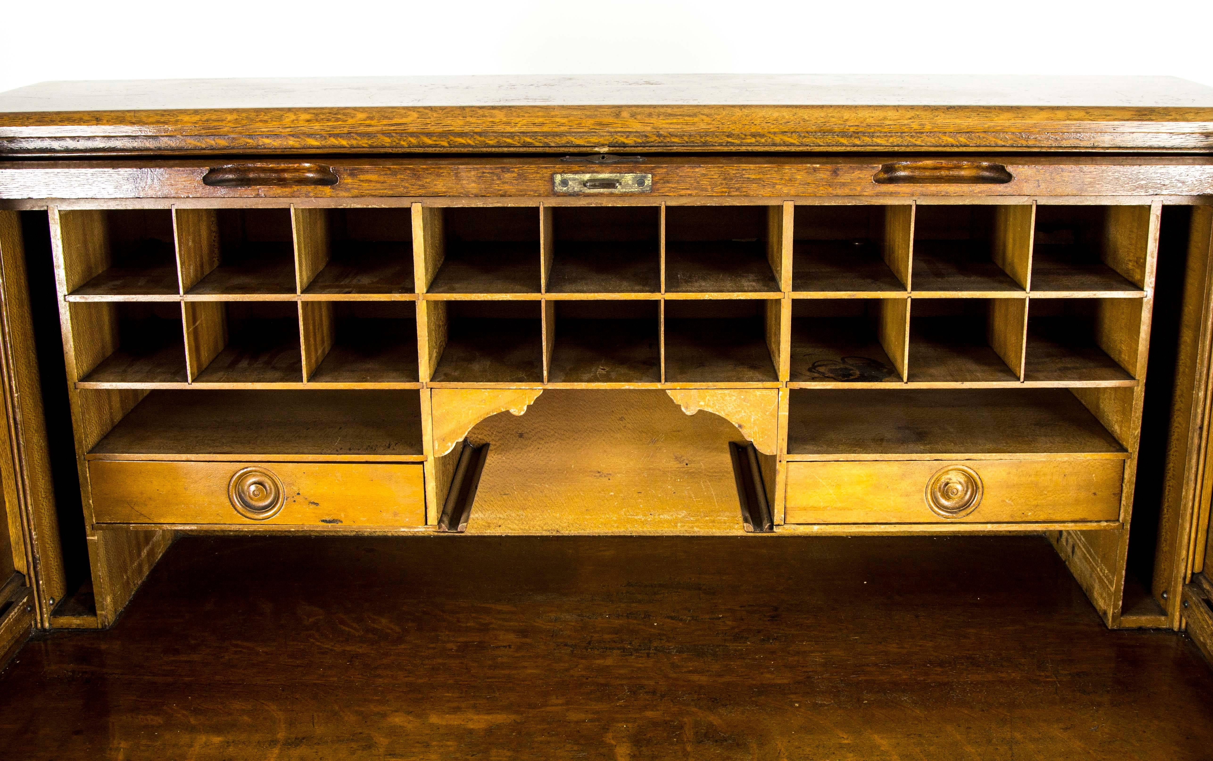 Hand-Crafted Antique Oak Roll Top Desk, Double Pedestal