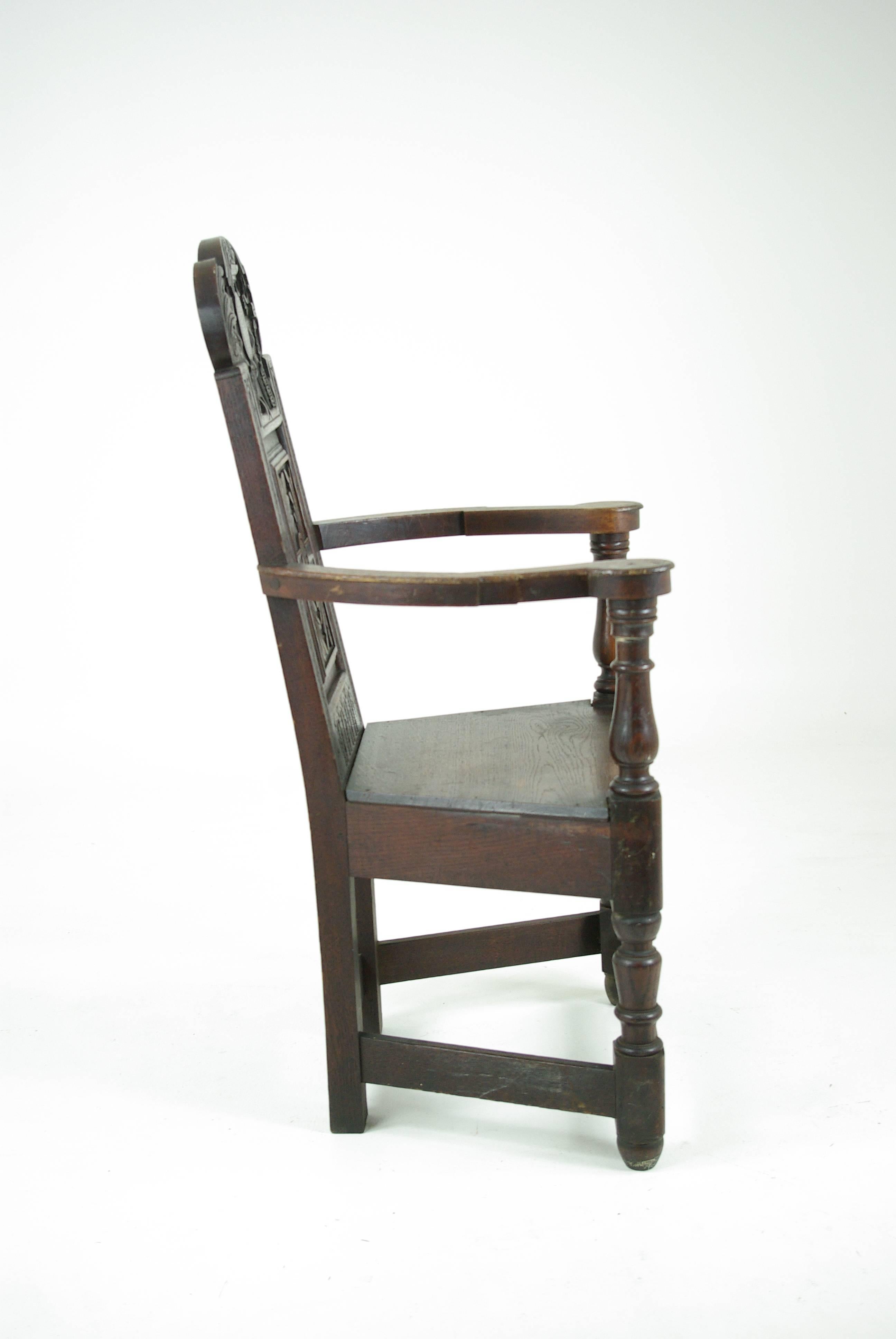 Carved Hall Chair, Oak, Solid Seat, Scotland 1840, B541 REDUCED!! In Good Condition In Vancouver, BC