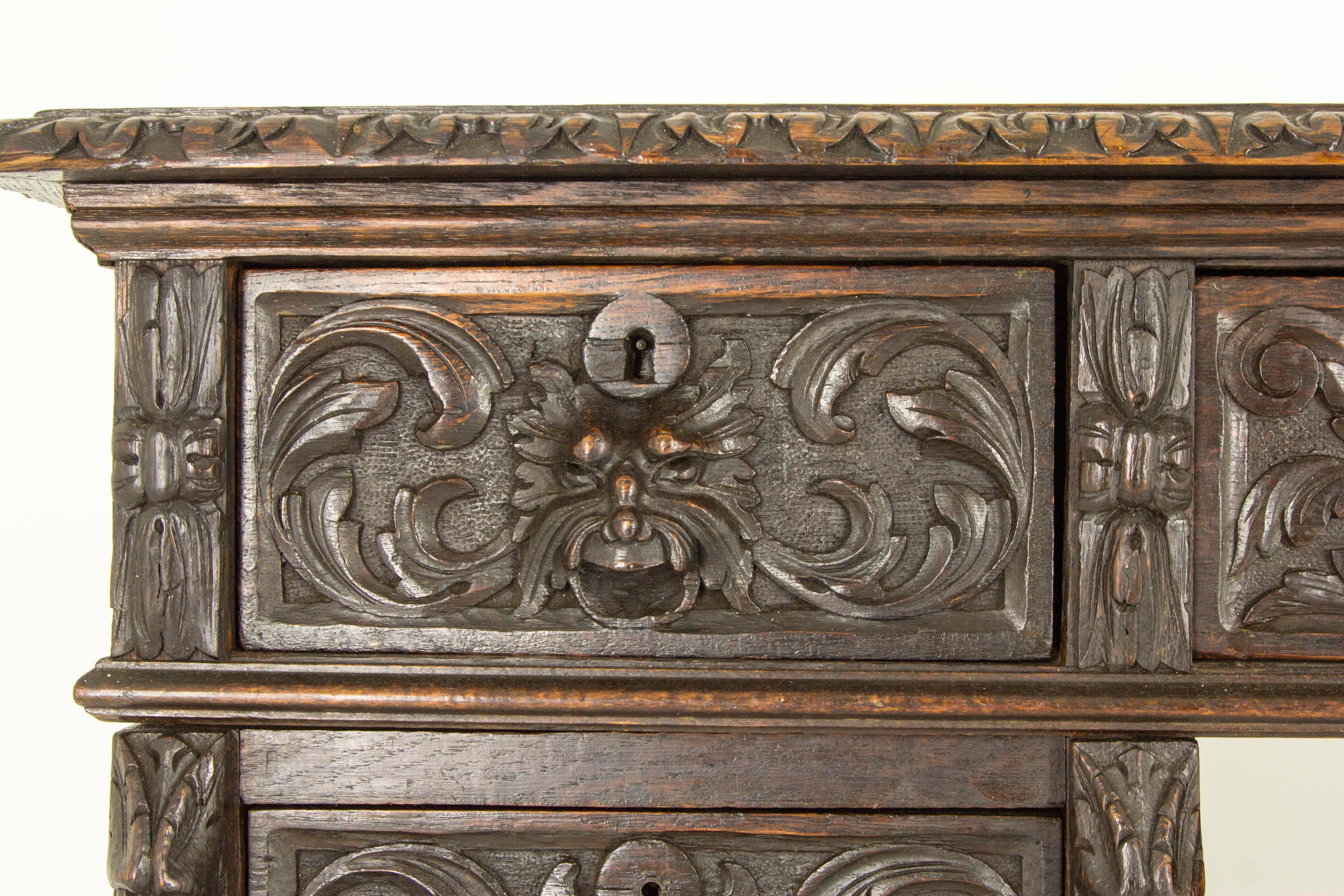 Antique Scottish Victorian Heavily Carved Oak Desk, Double Pedestal Desk In Good Condition In Vancouver, BC