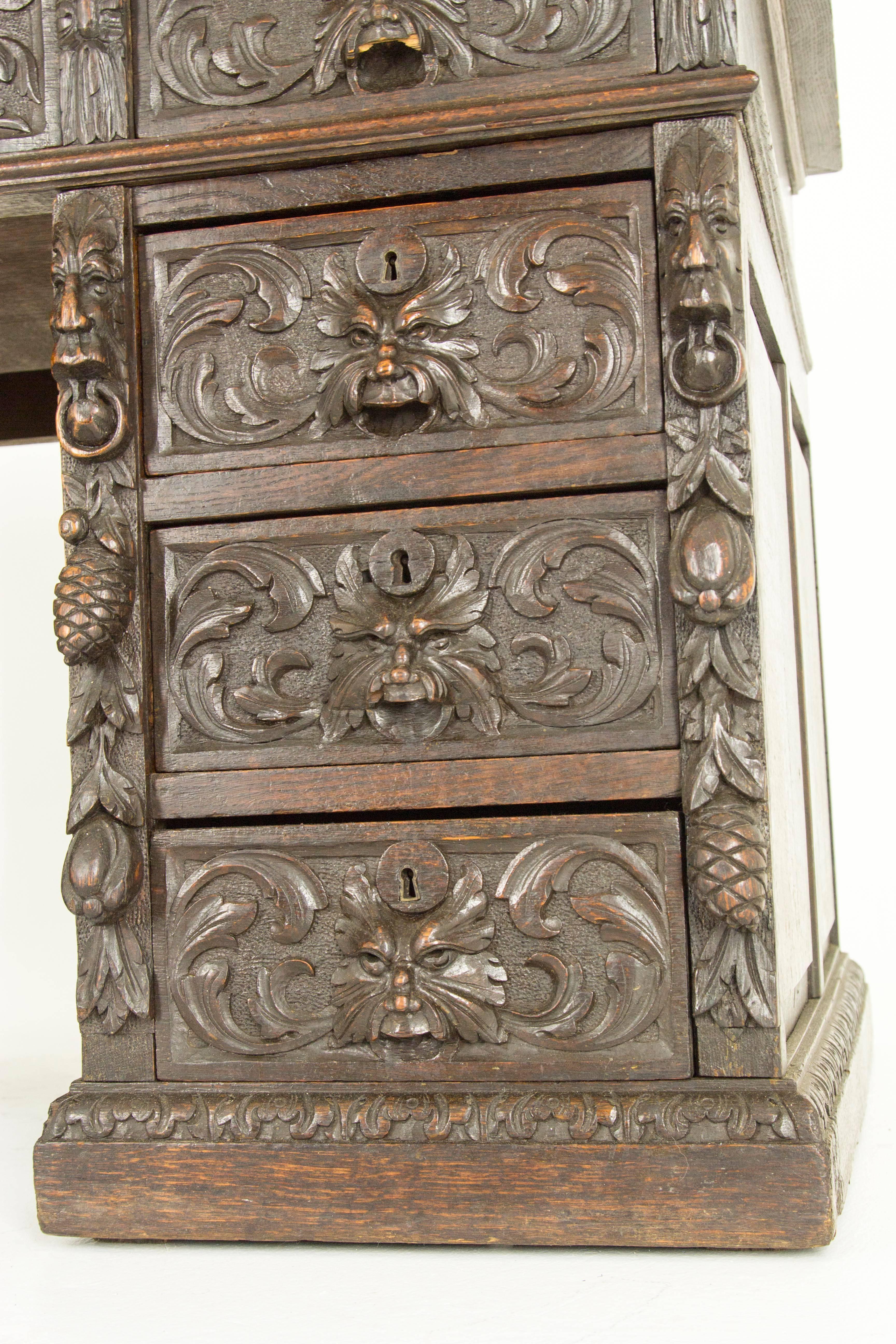 Late 19th Century Antique Scottish Victorian Heavily Carved Oak Desk, Double Pedestal Desk