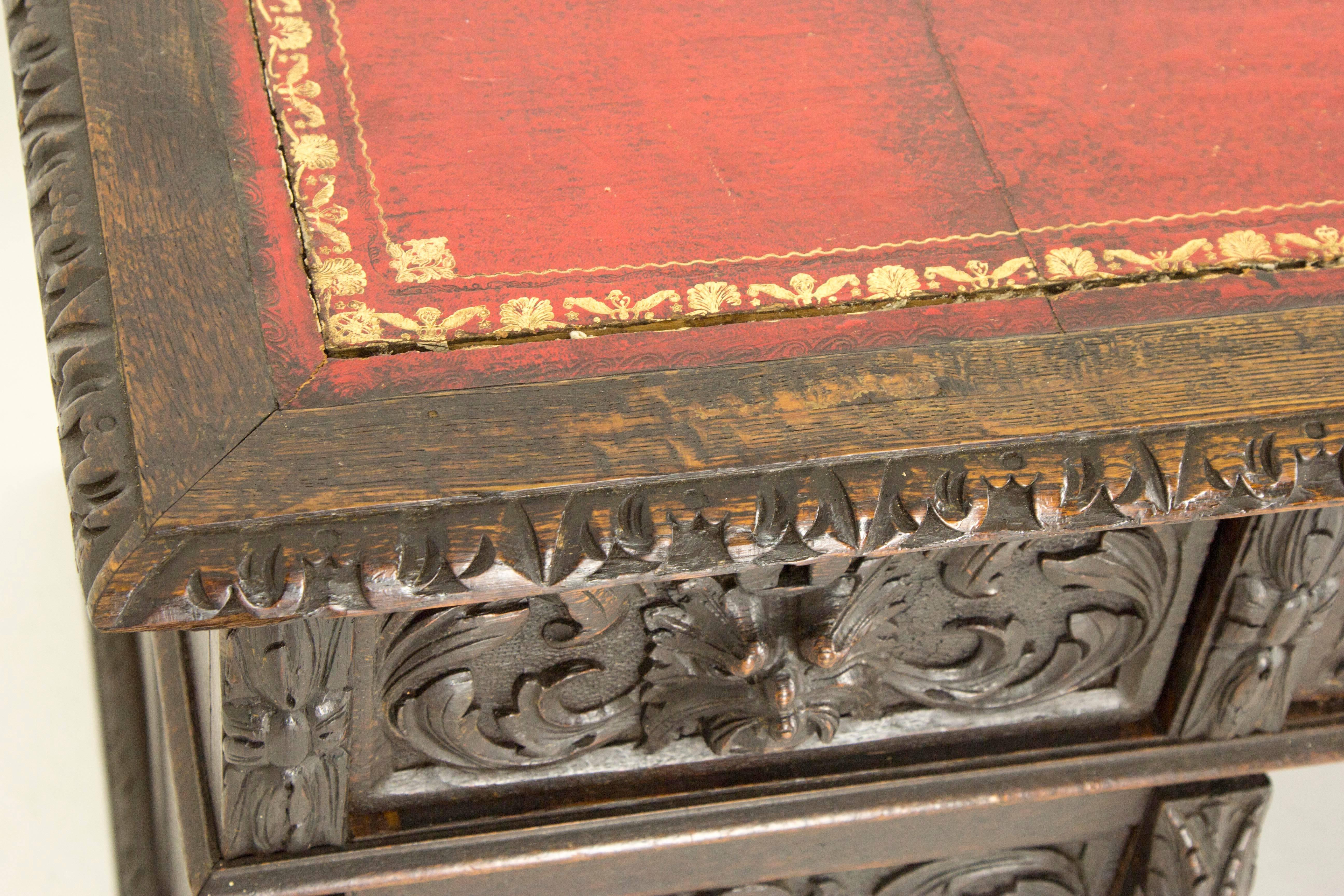 Hand-Carved Antique Scottish Victorian Heavily Carved Oak Desk, Double Pedestal Desk