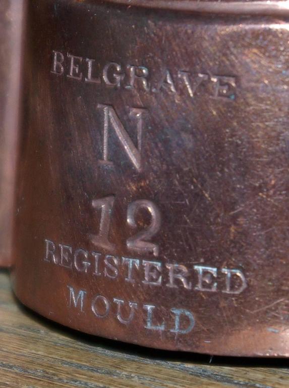 England
19th century
Copper jelly molds
Tin lined interior
hand-hammered and heavy (with numbers)
Lovely polished patina

$275 each

Front right 4.5