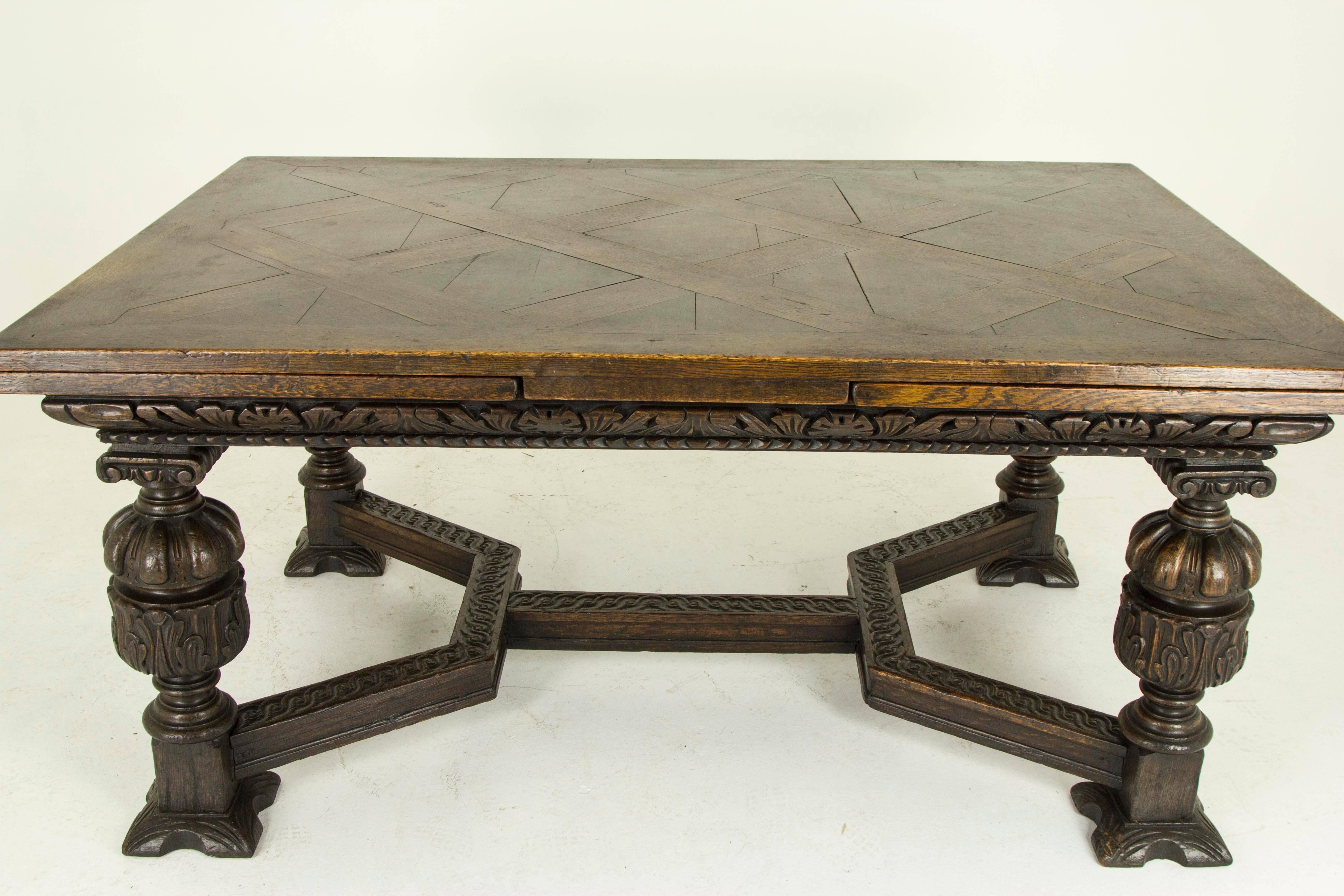 Antique Oak Dining Table Elizabethan Draw Leaf Parquetry, 16th Century In Excellent Condition In Vancouver, BC