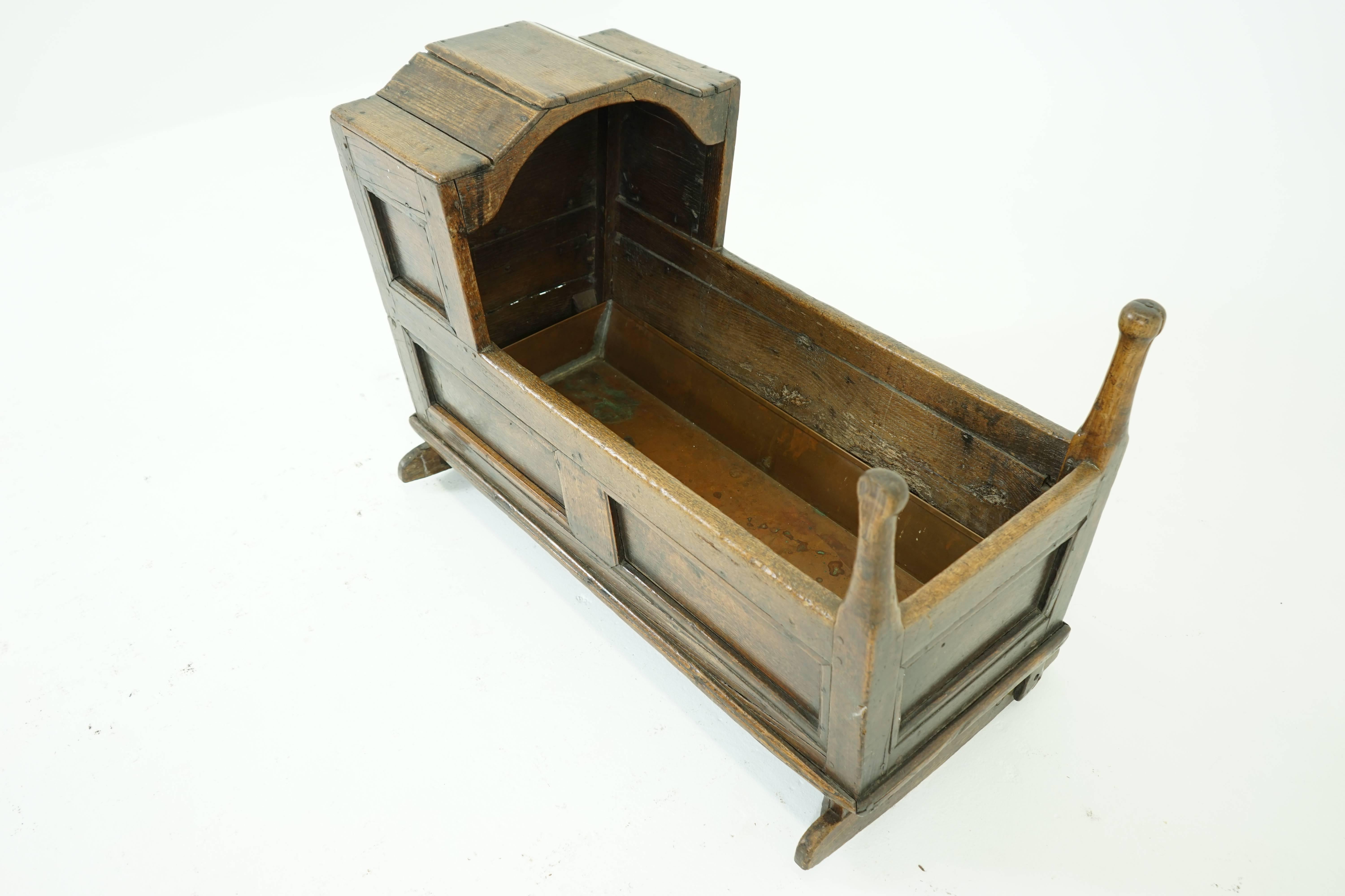 Antique cradle wooden cradle babys bed, Scotland, 1750 B780

Scotland, 1750
All original finish
Shaped hood above
Paneled sides
Turned finials to rock the cradle back and forth
Original rockers and floor boards

$1250

B780
Measures: 38