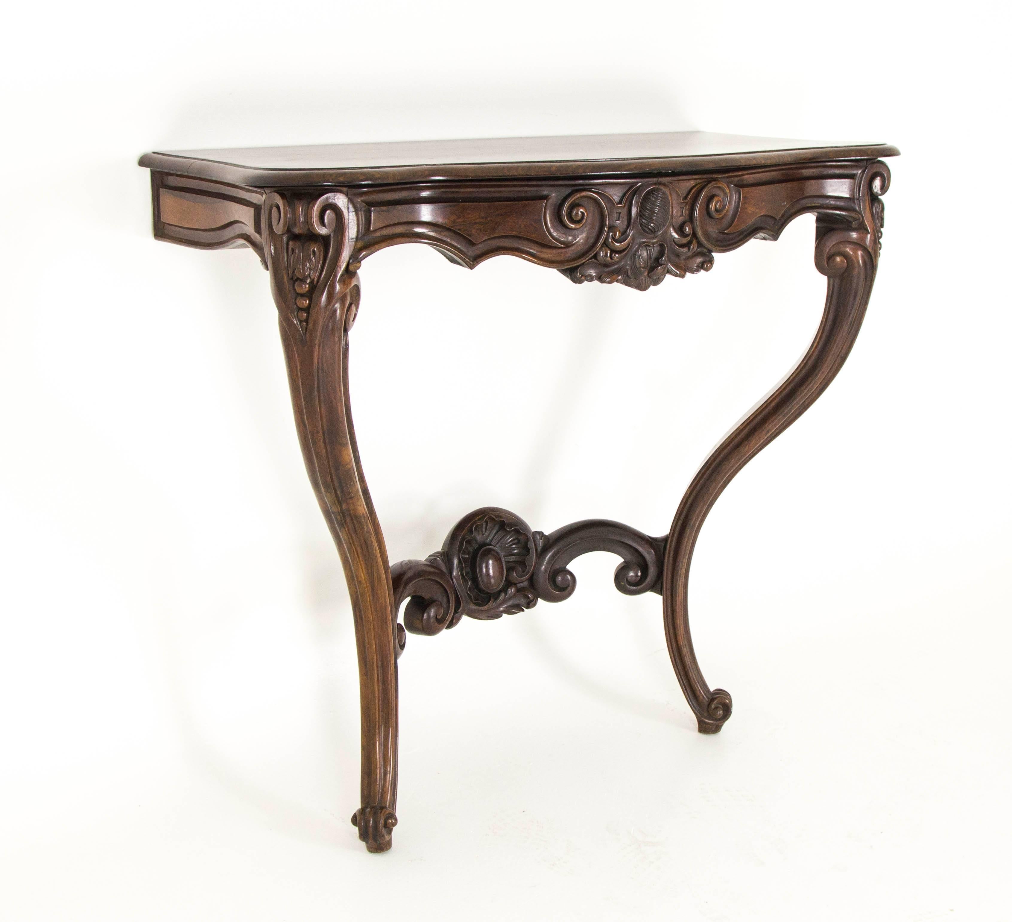Hand-Crafted Antique Console Table, Carved Walnut Table, France 1880, B777