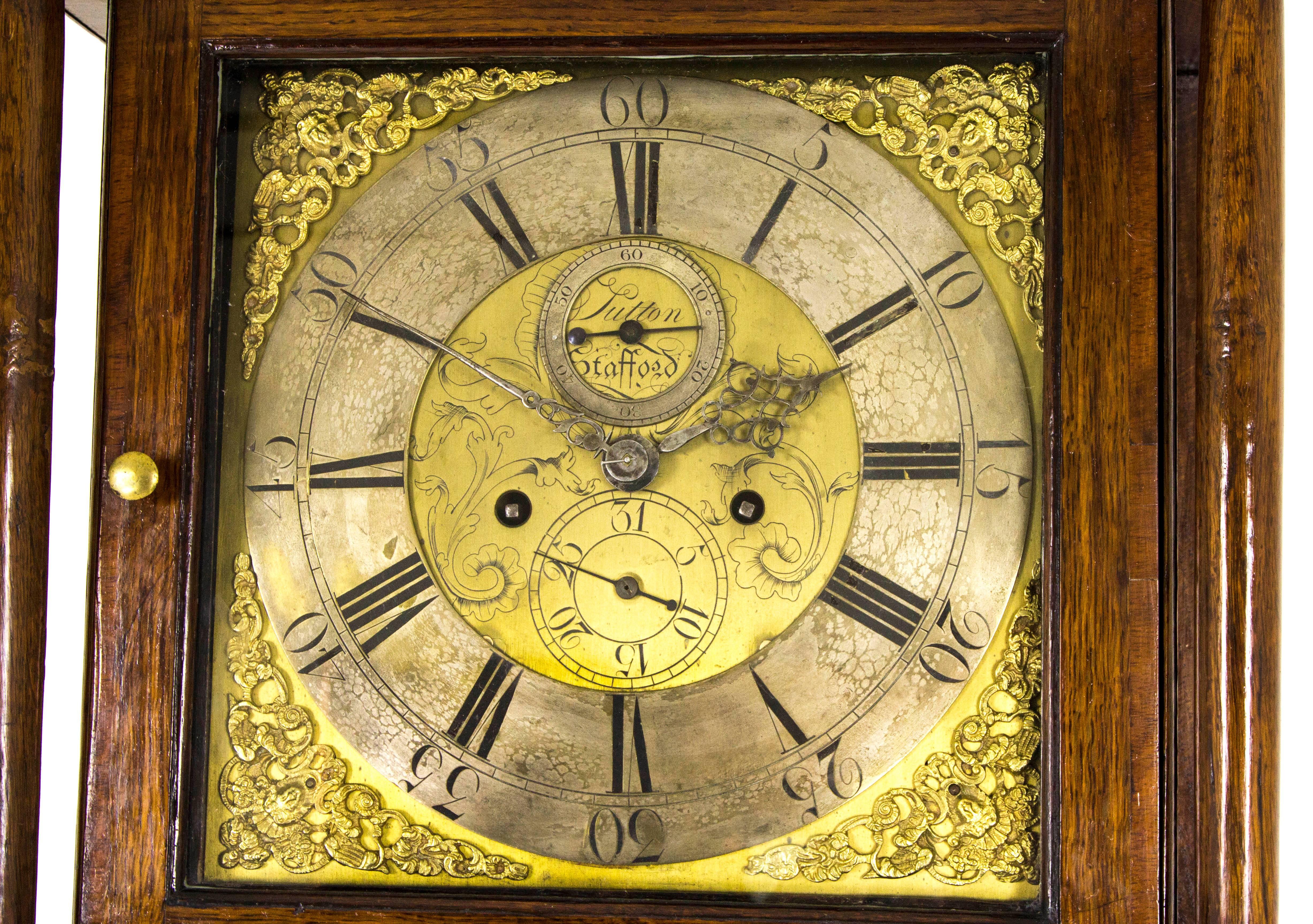 Grandfather Clock Long Case Clock Brass Faced, Carved, Sutton Stratford In Excellent Condition In Vancouver, BC