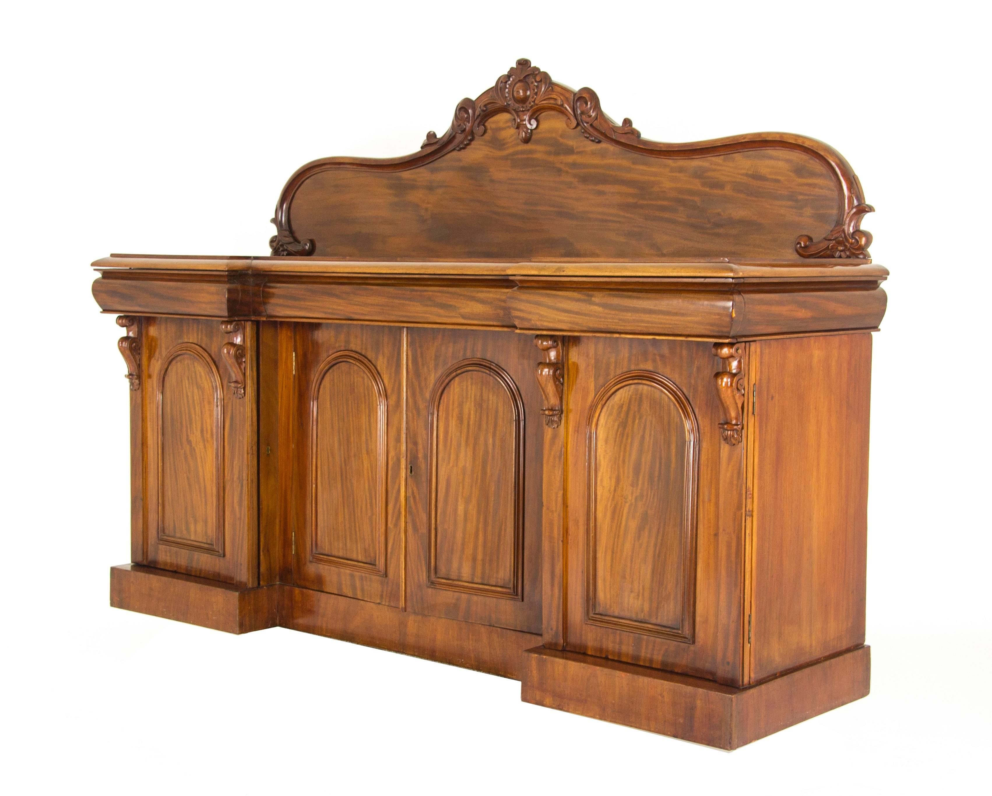Scottish Antique Mahogany Vintage Sideboard Carved Buffet Four-Door Chiffonier, Scotland
