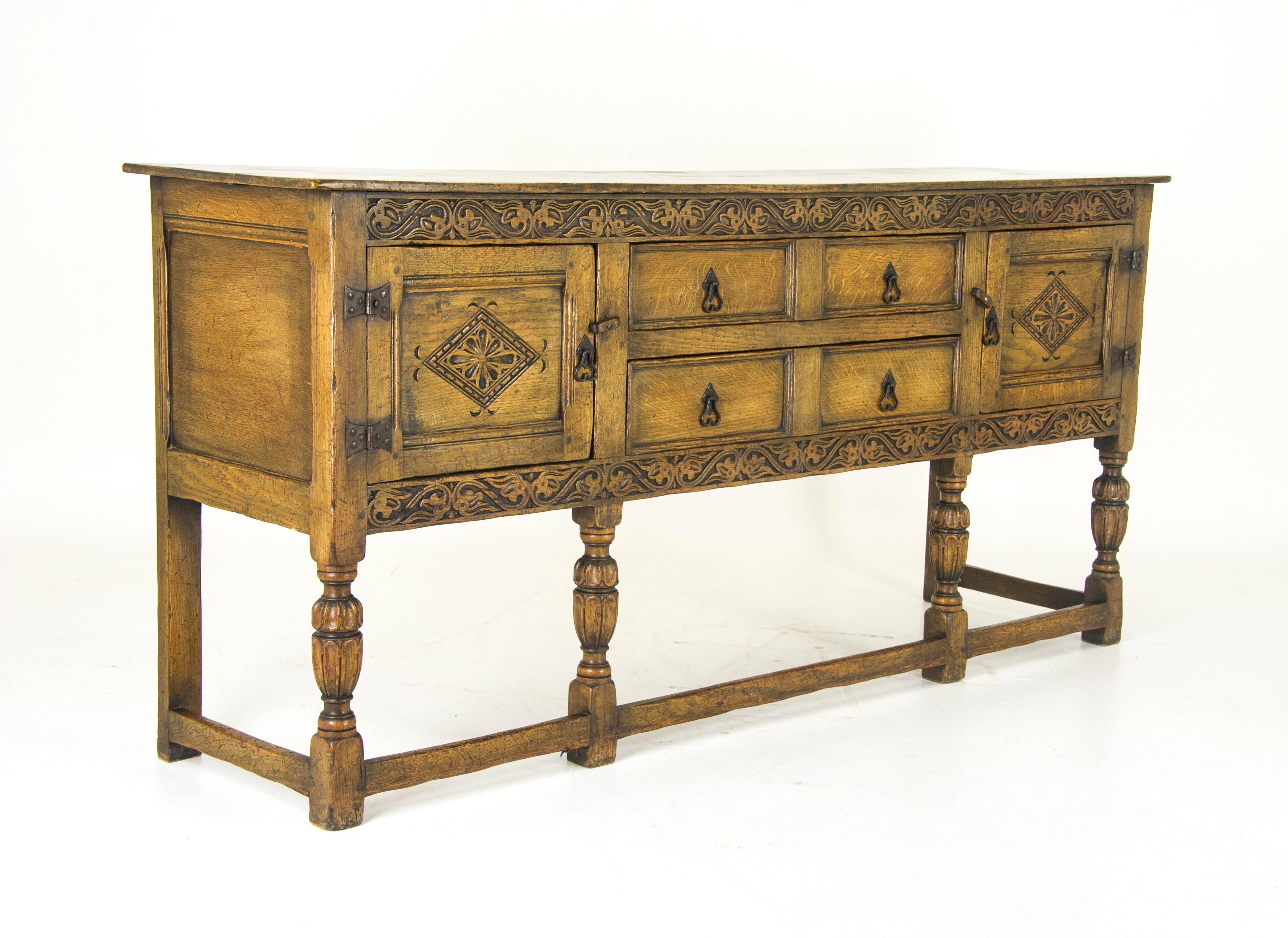 Hand-Crafted Antique Sideboard Carved Oak Chiffonier Tudor Buffet Scotland, 1930