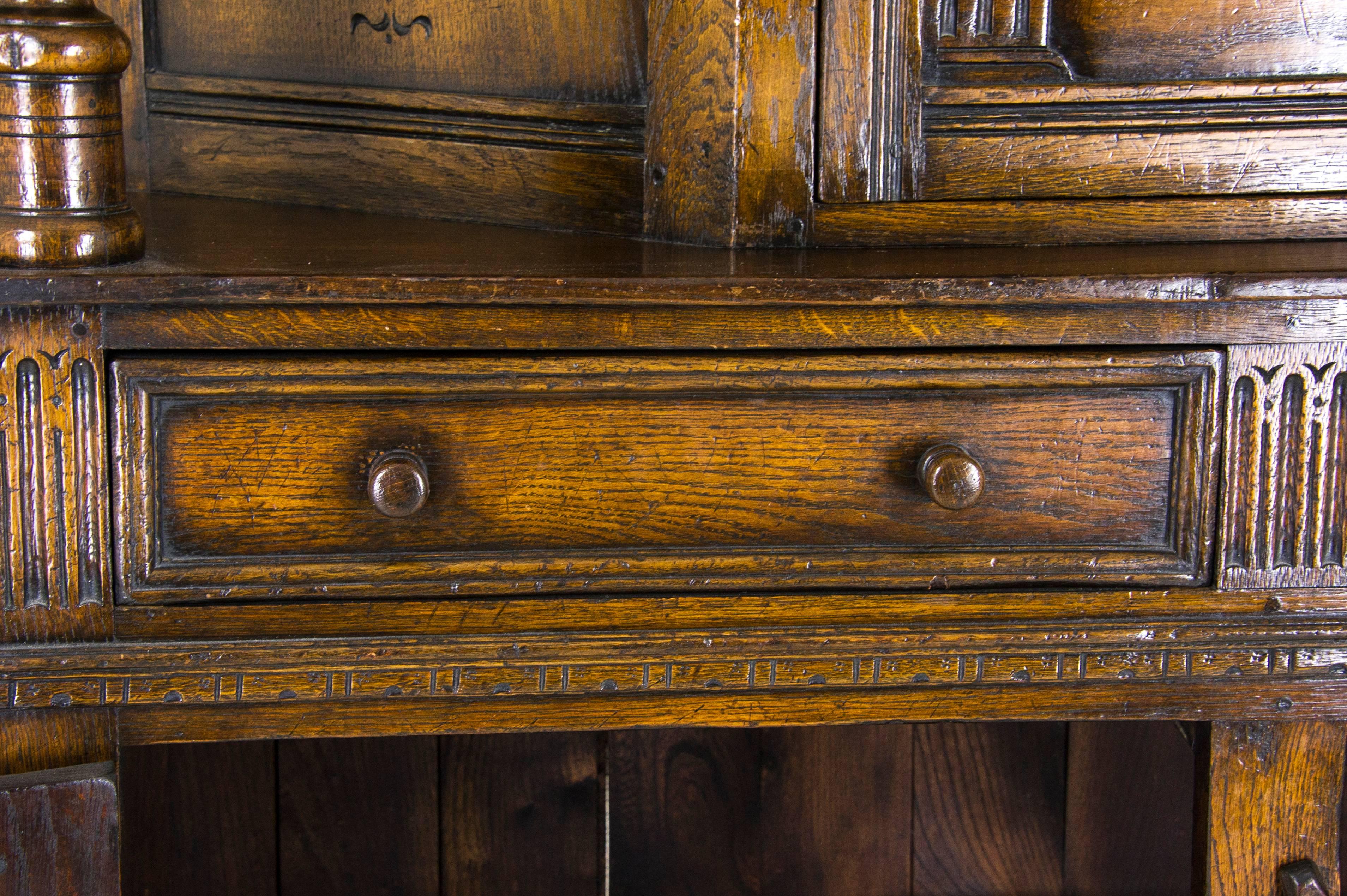 Oak Court Cupboard Carved Oak Sideboard, Scotland, 1910  REDUCED!!! In Excellent Condition In Vancouver, BC