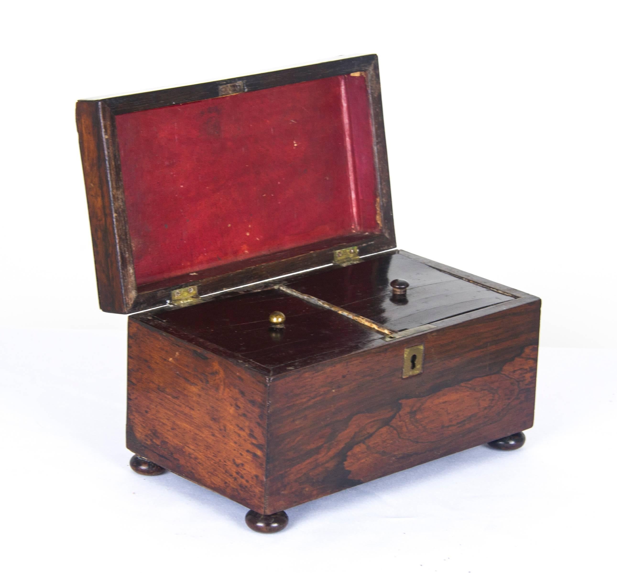 Antique tea caddy rosewood tea caddy regency, Scotland, 1820. B882

Scotland, 1820
Solid rosewood
Original finish
Shaped top
Two interior liners with lids
Ending on bun feet
Original lock
Lovely quality and condition

$450

 
Measure: