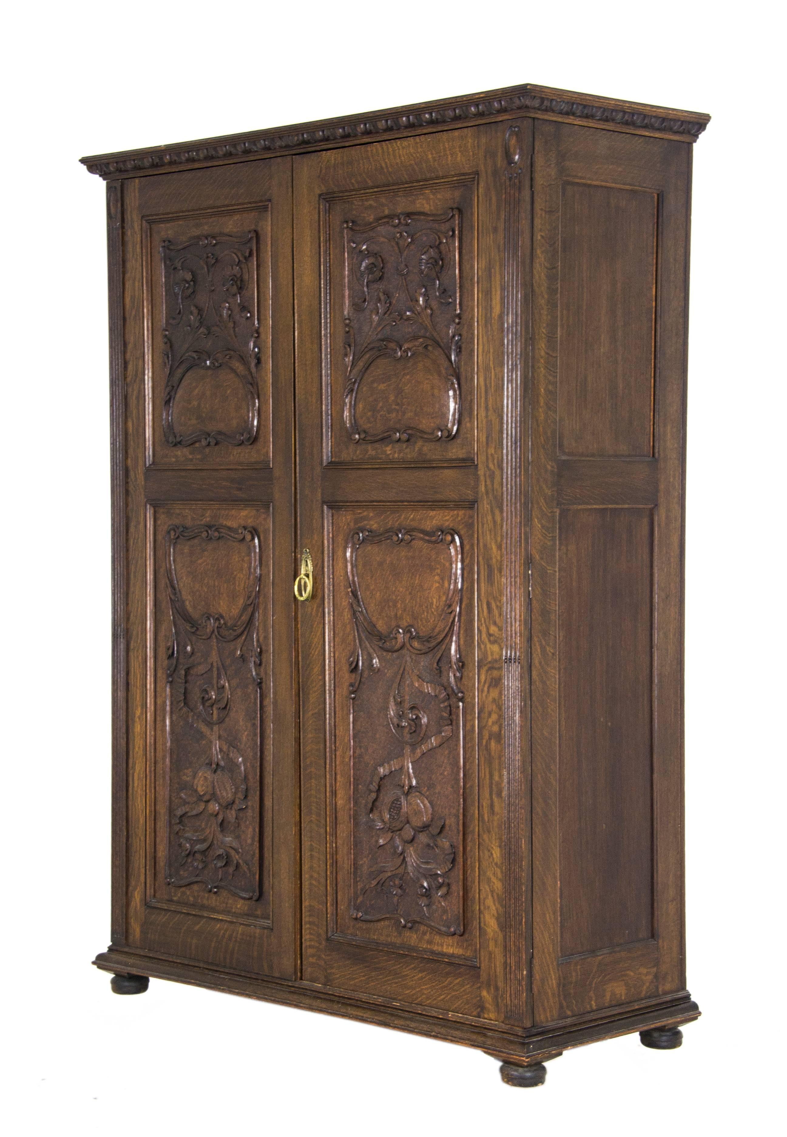 Victorian Antique Armoire Heavily Carved Tiger Oak Scotland, 1890