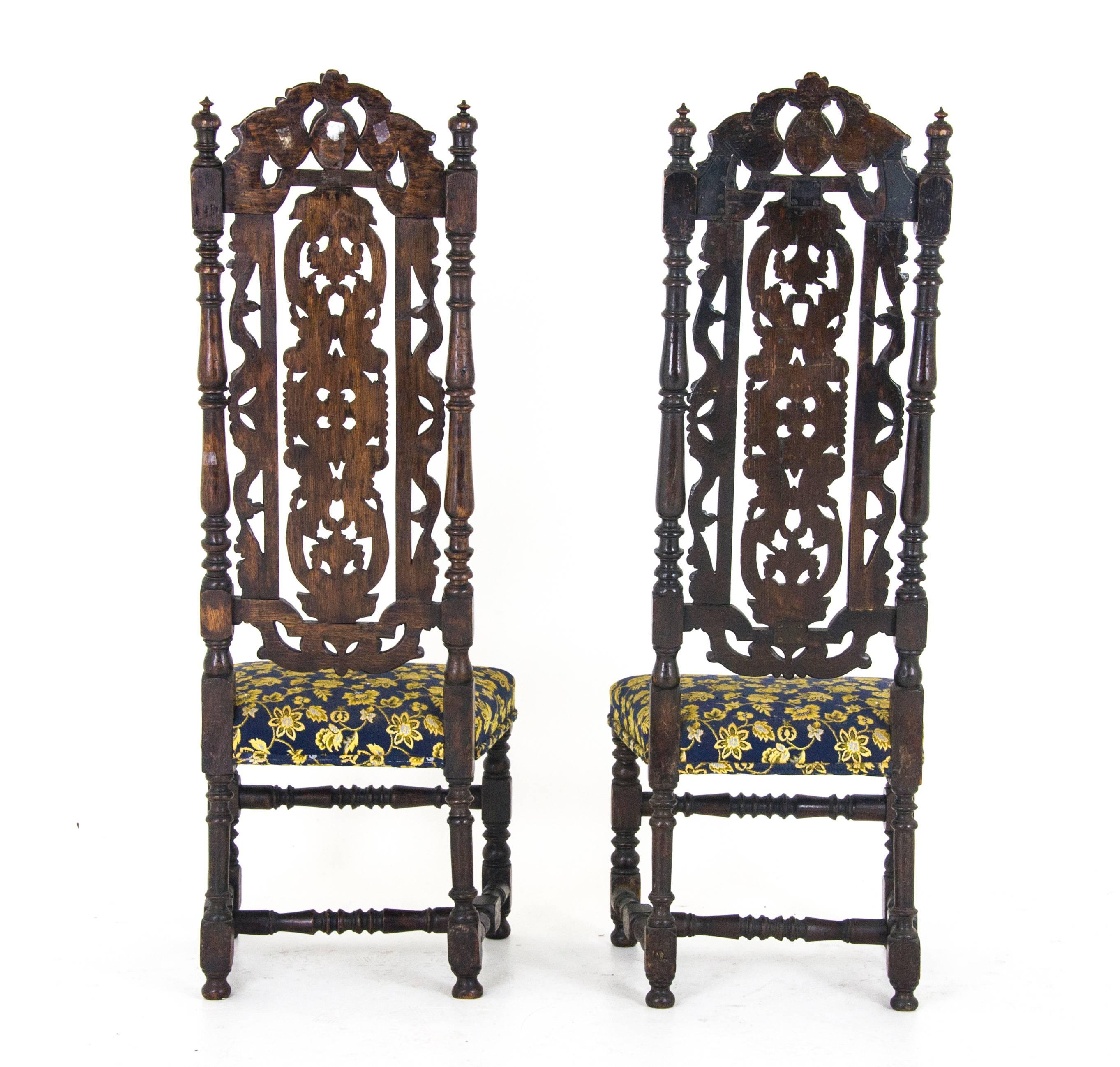 Antique Carved Chairs, Carolean, Upholstered, High Back, Scotland, 1870 REDUCED! In Excellent Condition In Vancouver, BC