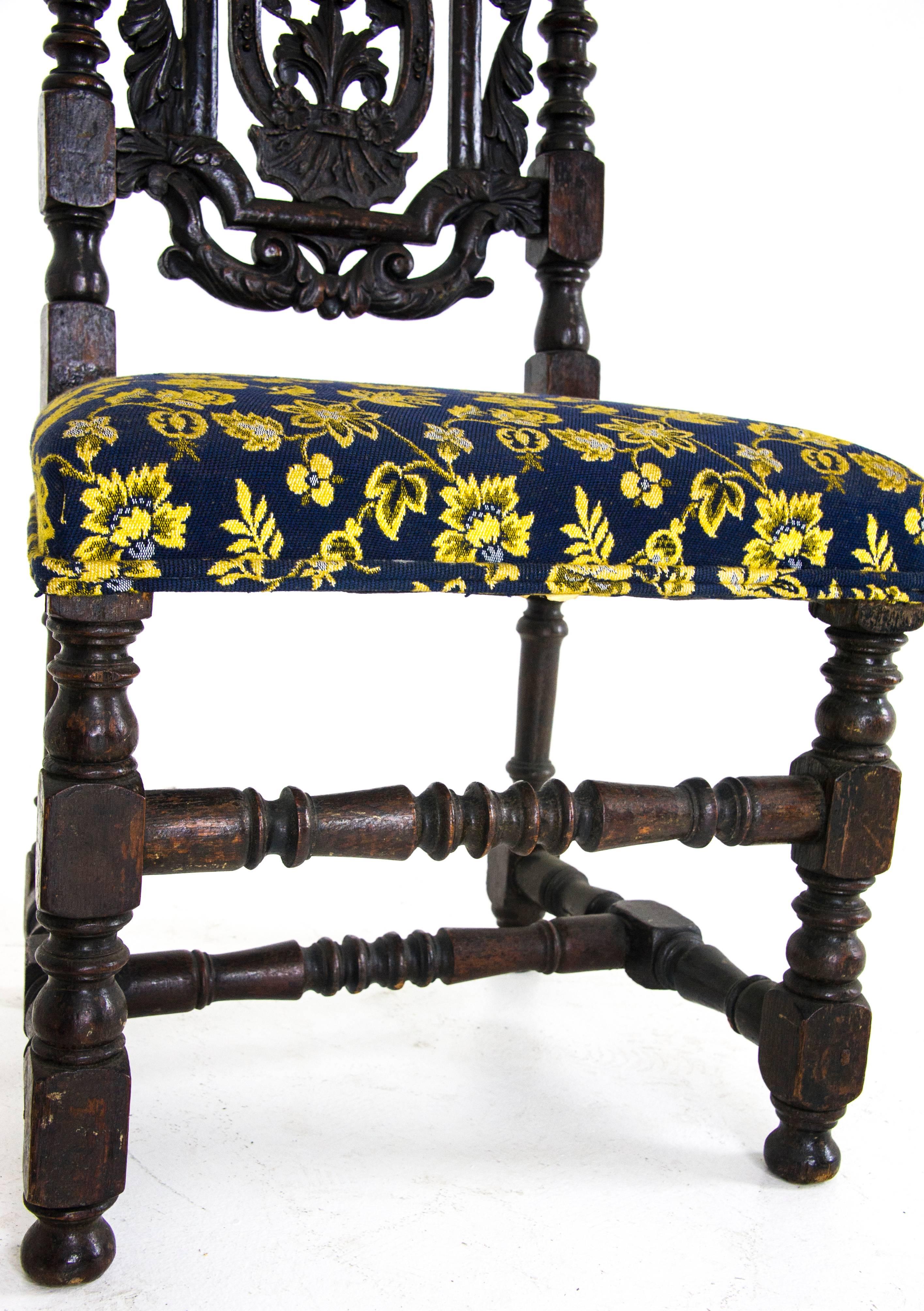 Restauration Antique Carved Chairs, Carolean, Upholstered, High Back, Scotland, 1870 REDUCED!